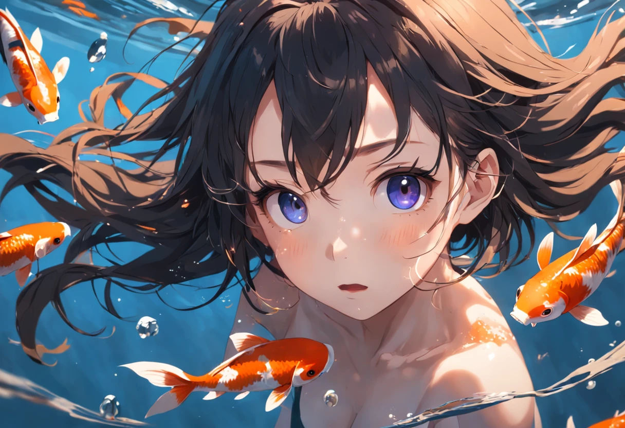 Koi swimming girl in the air，Long messy hair，The waves chase life，depth of fields，high light，Real light，Ray traching，oc rendered，Hyper-realistic，best qualtiy，8K，Works of masters，super-fine，Detailed pubic hair，Correct anatomy，Bokeh，Facial features are carefully depicted