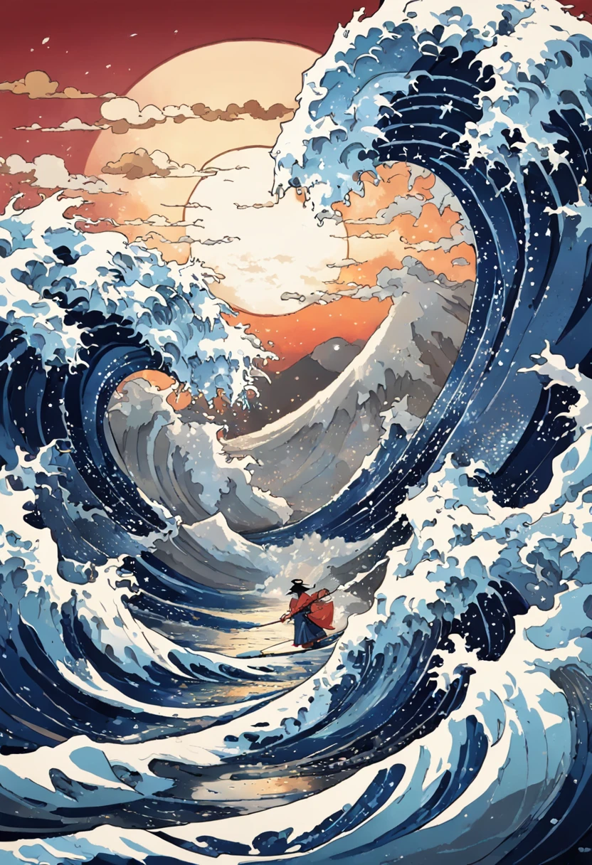 mosaic、hokusai style, style of hokusai, ukiyoe painting,Mosaic is strong、Not visible in mosaic、Pixel art、Artistically、The Great Wave of Kamikawa