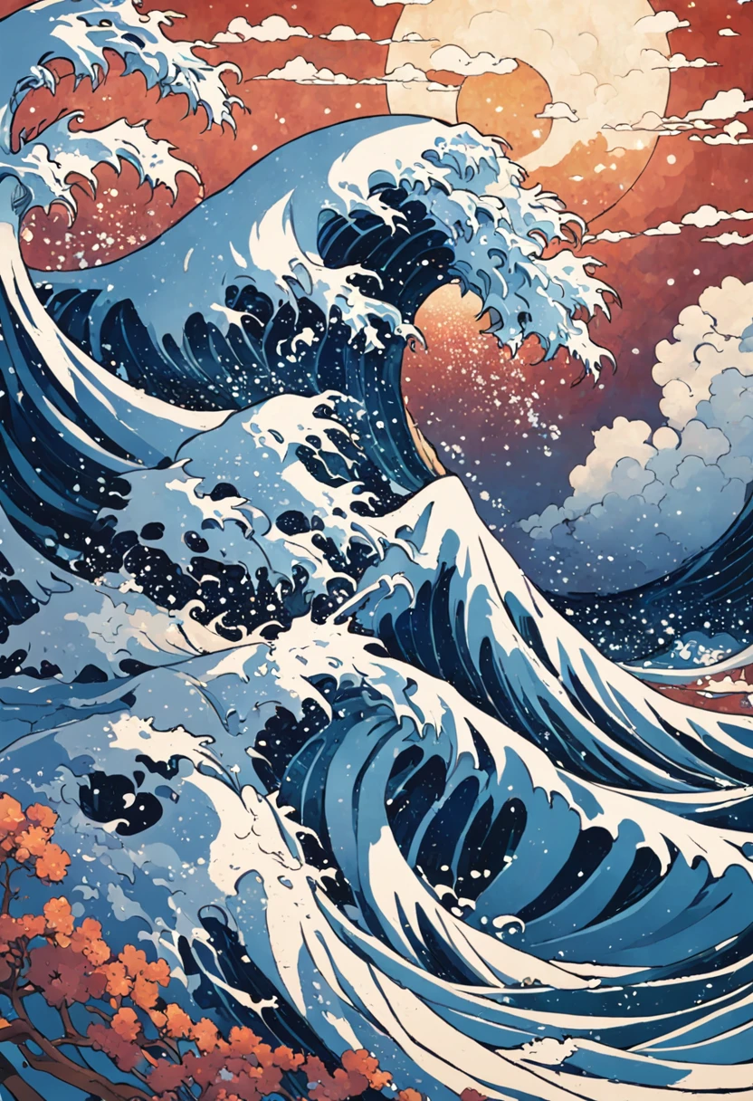 mosaic、hokusai style, style of hokusai, ukiyoe painting,Mosaic is strong、Not visible in mosaic、Pixel art、Artistically、The Great Wave of Kamikawa