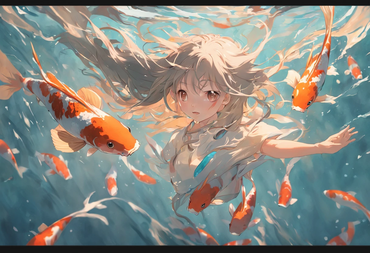 Koi swimming girl in the air,Long messy hair,The waves chase life,depth of fields,high light,Real light,Ray traching,oc rendered,Hyper-realistic,best qualtiy,8K,Works of masters,super-fine,Detailed pubic hair,Correct anatomy,Bokeh,Facial features are carefully depicted