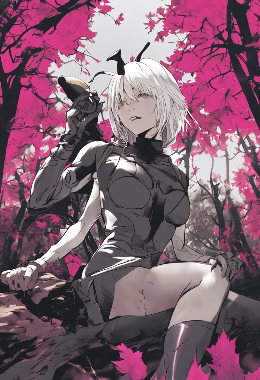 yorha 2b, vaginal penetration, bandit, breast grab, 1male, 1femalle, forest