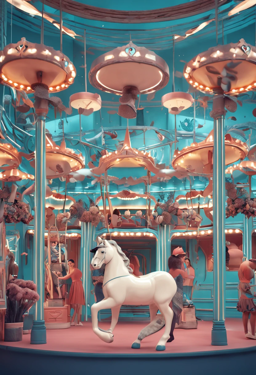 Creative poster 3D effect powder blue tone carousel with childlike fun