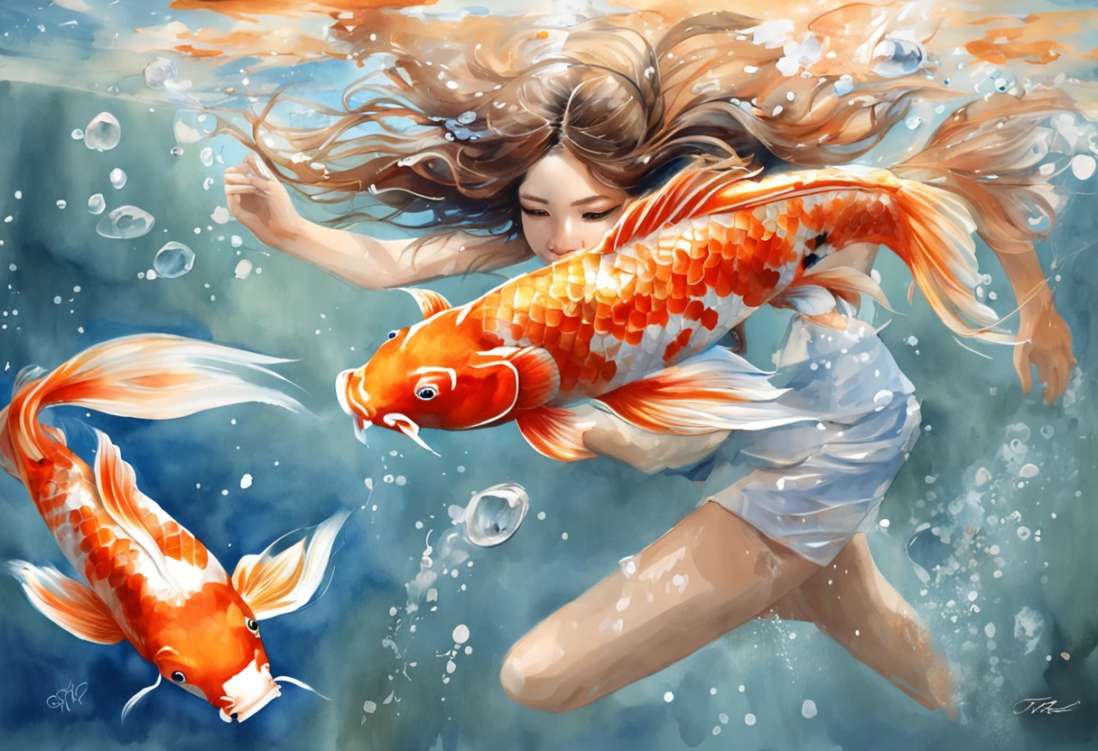 Koi swimming girl in the air,Long messy hair,The waves chase life,depth of fields,high light,Real light,Ray traching,oc rendered,Hyper-realistic,best qualtiy,8K,Works of masters,super-fine,Detailed pubic hair,Correct anatomy,Bokeh,Facial features are carefully depicted