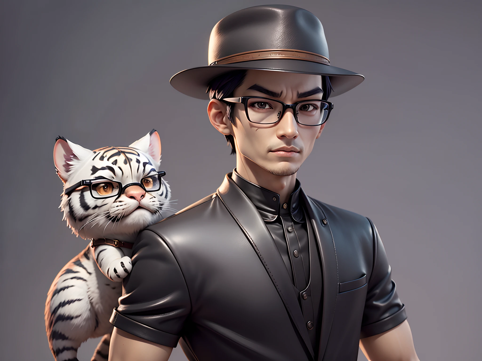 Young man with oriental face in leather hat, tiger, oriental face in formal suit, short black hair, silver glasses, digital painting, 3D character design by Mark Clairedon and Pixar and Hayao Miyazaki and Akira Toriyama, the illustration is a high-definition illustration in 4K resolution with very detailed facial features and cartoon-style visuals.