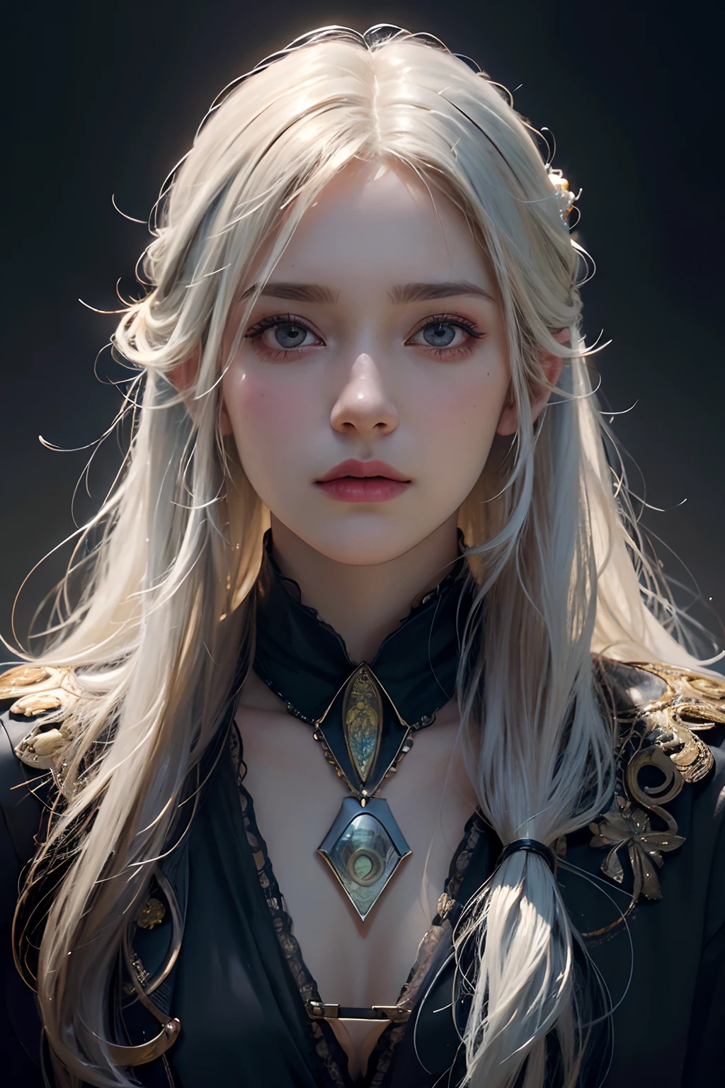 Hyperrealist portrait of female by david hockney and alphonse mucha,fantasy art, photo realistic, dynamic lighting, artstation, poster, volumetric lighting, very detailed faces, 4 k, award winning,, 1girl, in the dark, deep shadow, low key,cowboy shot,(official clothing:1.4) ,long hair,white hair,
