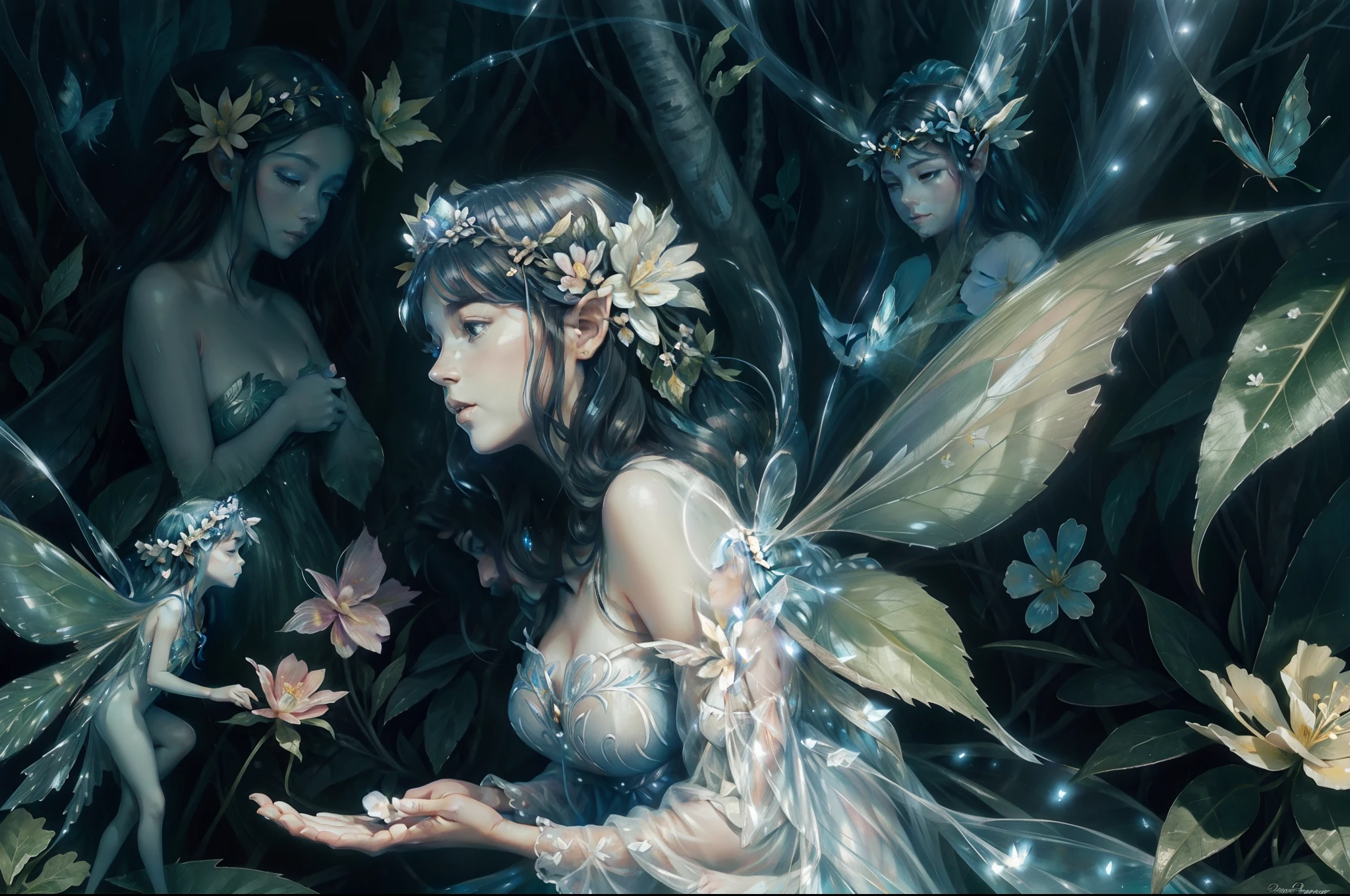 A fairy in a garden in the woods. Big butterfly like wings on her back. She wears a multilayered dress in light sapphire transparent fabric with silver and aquamarine embellishments. Long messy wavy hair in dark colour, flower tiara. She is emerging from a vortex of multicoloured varieties of flowers and leaves of different shapes and tones of green. Dynamic image. Magical flowery forest as background, clear day, sunny, light filtering through the trees.