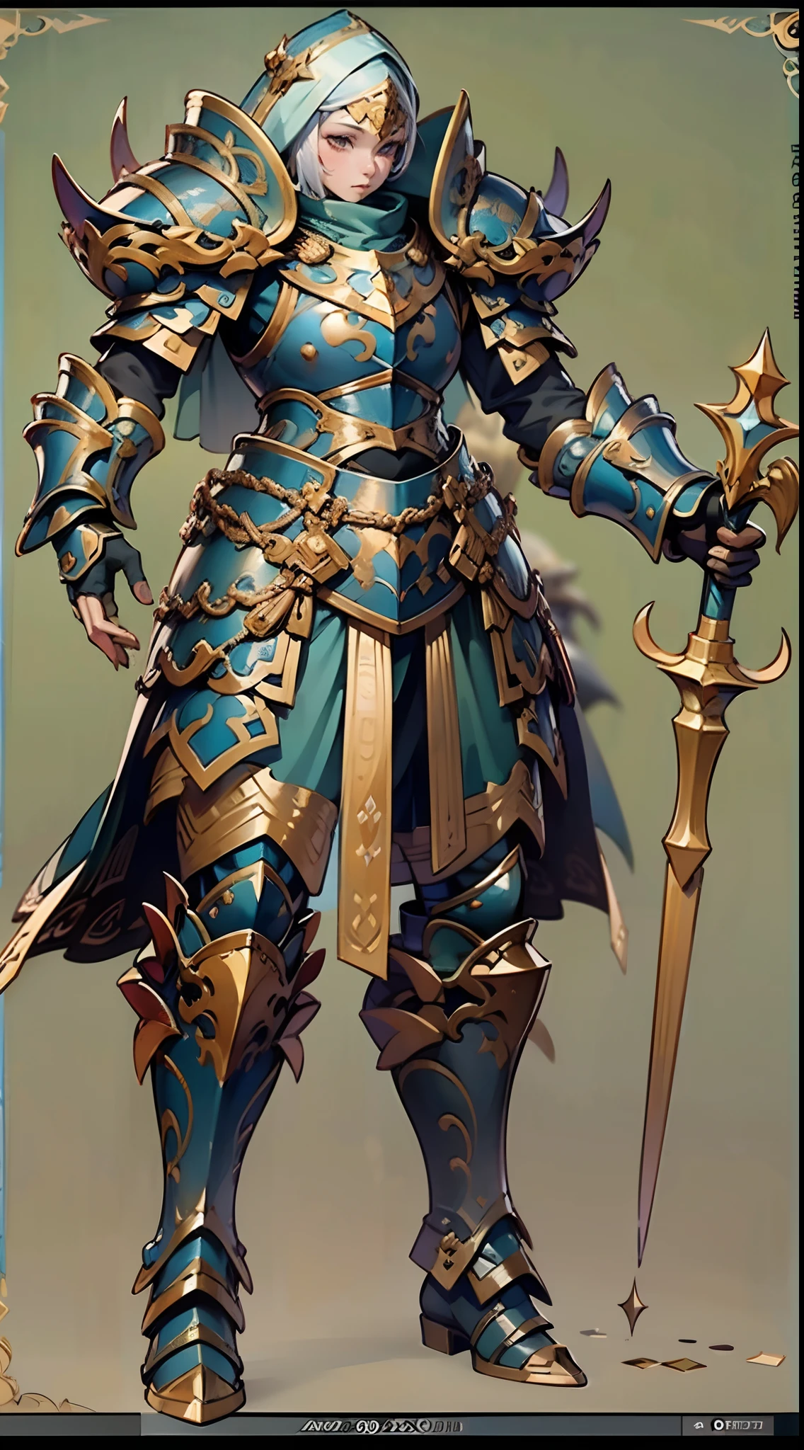 Game character design,holy paladin,Quaint and heavy armor wraps the entire body,shelmet,Holding a stout and ornate scepter,heavy boots,(full bodyesbian:1.4),frontage,solid color backdrop,clean backdrop,depth of fields,high light,Real light,Ray traching,oc rendered,Hyper-realistic,best qualtiy,8K,Works of masters,super-fine,Detailed pubic hair,Correct anatomy,