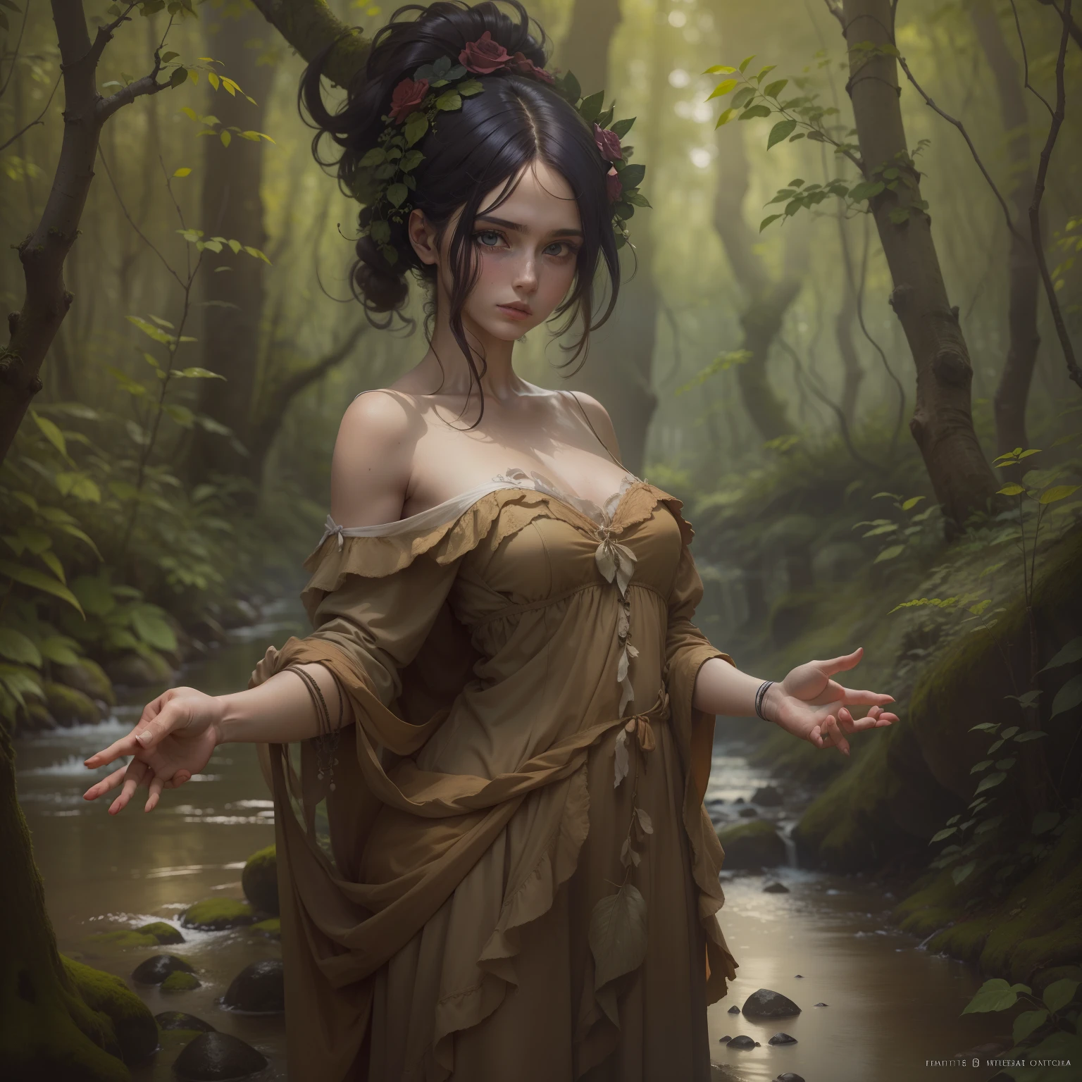 Arte de Apterus. Bela camponesa francesa, muito bonita com seus cabelos castanhos longos e olhos claros, usando um vestido simples, your hands two wooden prostheses, olhar ingenuo, standingn, corpo inteiro, near a stream in the forest (ohwx estétic | |