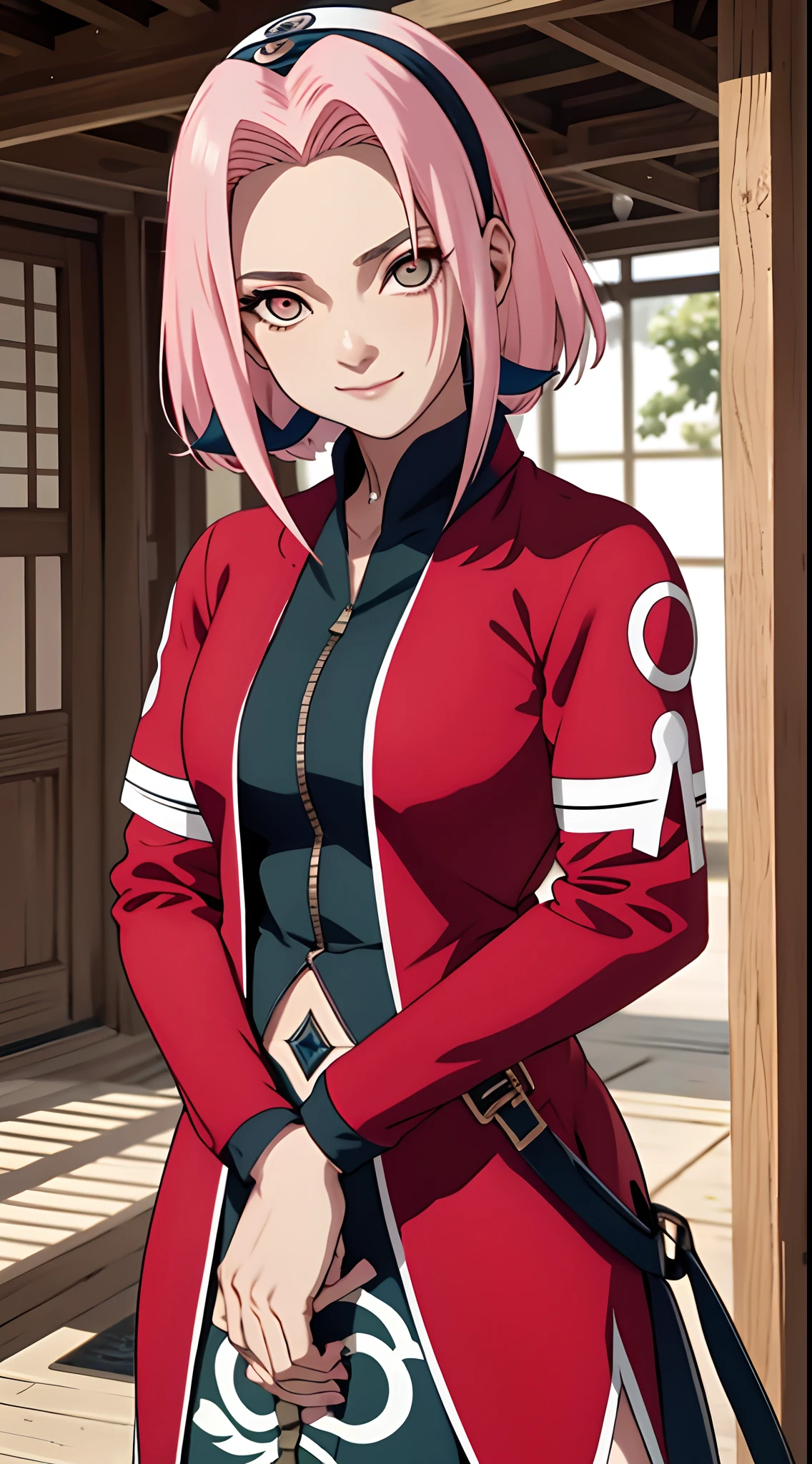 tmasterpiece, Best quality at best, 1 cinta, sakura haruno, seios grandes,Traje fora do ombro,(clivagem),(closeup da parte superior do corpo),Criado sexy,is shy,sorriso,com cabelo rosa, long, whitish hair, (Globos oculares verdes:1.4), Forehead Protection, As cerejeiras,Flores de cerejeira voando,roupas vermelhas,Zipper half