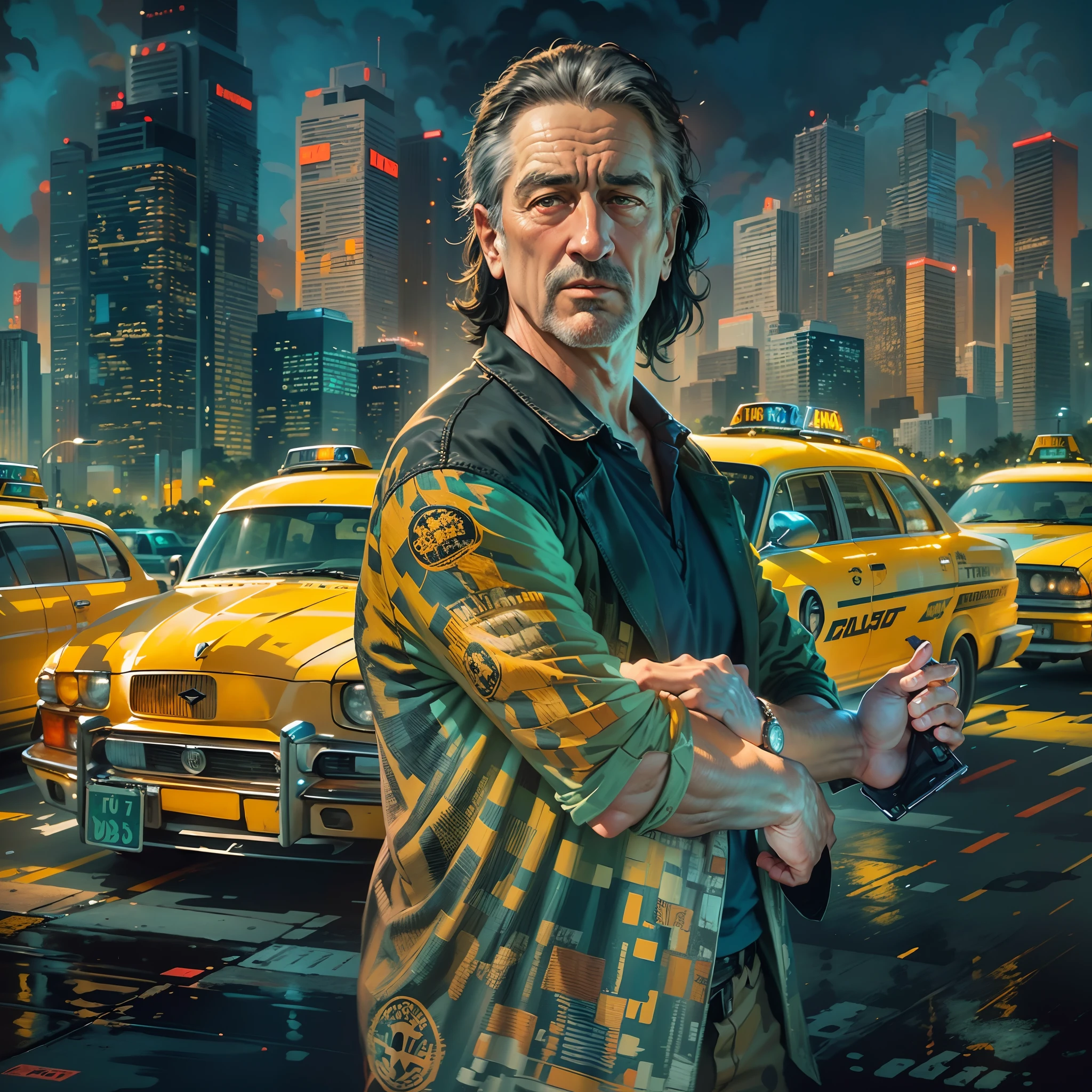 A painting of a man Robert De Niro ( with black hair), gangster pose and look, Miami City background, street, taxi cab, perfect Art, Art, Intricate Digital Painting, original Artwork, Illustration, guns in the background digital art, masterpiece Illustration, Beautiful 4K Art, Vibrant Digital Painting , Stunning digital illustration, Intricate masterpiece, A beautiful artwork illustration, Beautiful art!