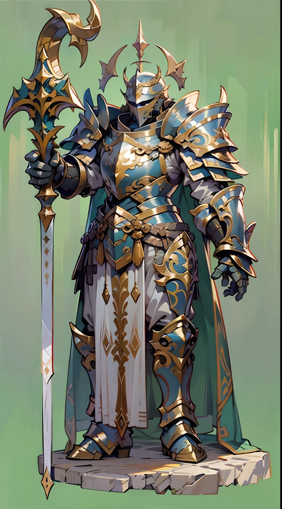 Game character design，holy paladin，Quaint and heavy armor wraps the entire body，shelmet，Holding a stout and ornate scepter，heavy boots，（full bodyesbian：1.4），frontage，solid color backdrop，clean backdrop，depth of fields，high light，Real light，Ray traching，oc rendered，Hyper-realistic，best qualtiy，8K，Works of masters，super-fine，Detailed pubic hair，Correct anatomy，