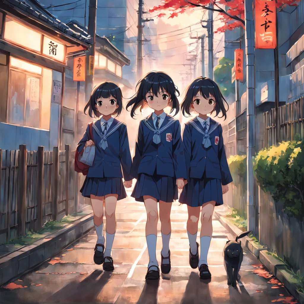 Japan elementary school students wearing girls' school uniforms、Depicting him walking on the way to school、A city scape、Short、length hair