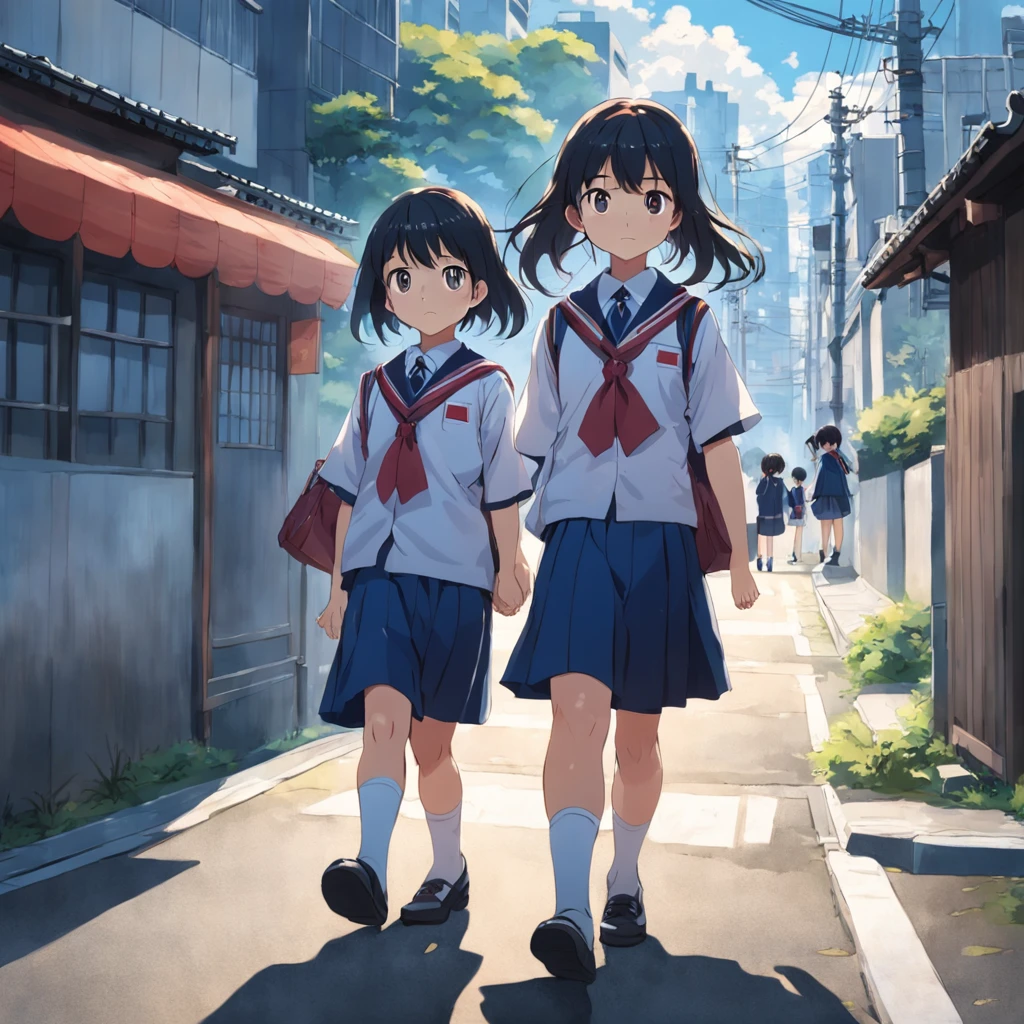 Japan elementary school students wearing girls' school uniforms、Depicting him walking on the way to school、A city scape、Short、length hair