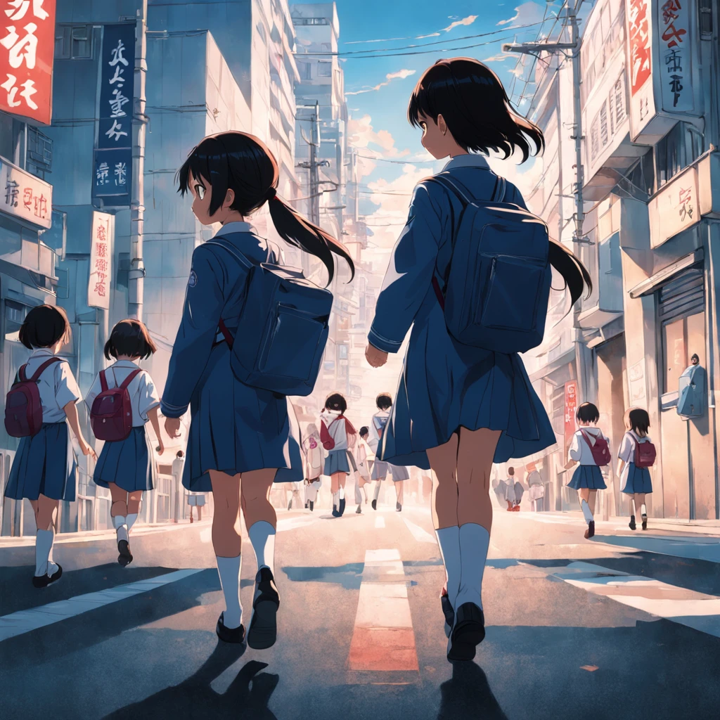 Japan elementary school students wearing girls' school uniforms、Depicting him walking on the way to school、A city scape、Short、length hair
