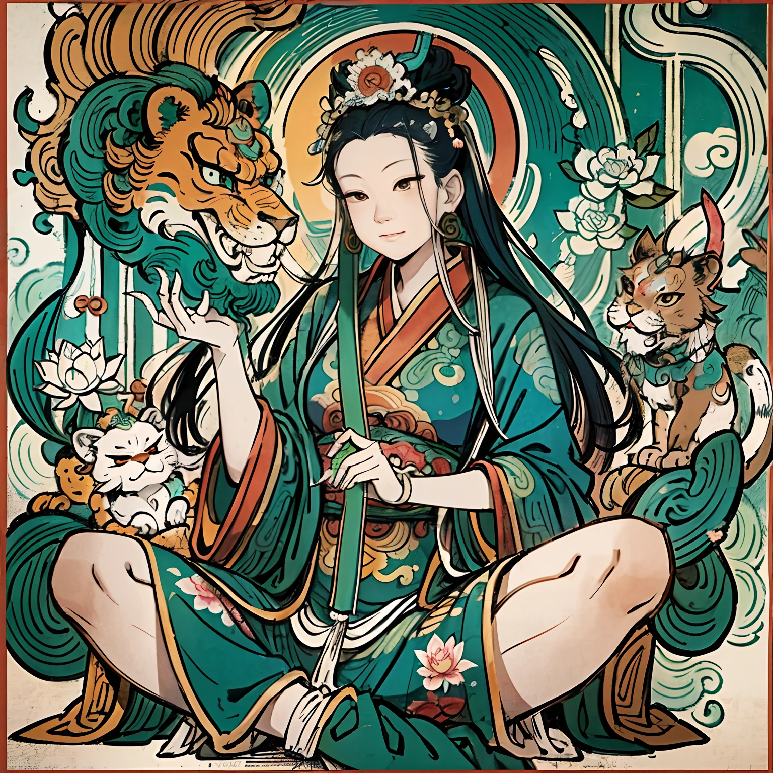 an ancient Chinese goddess, guanyin of the southern seas, Guanyin, Inspired by India, Avalokiteshvara rides a lion，,Serene expression,shui mo hua,Buddha,Buddhist,Lotus,Chinese painting style,Thangka style