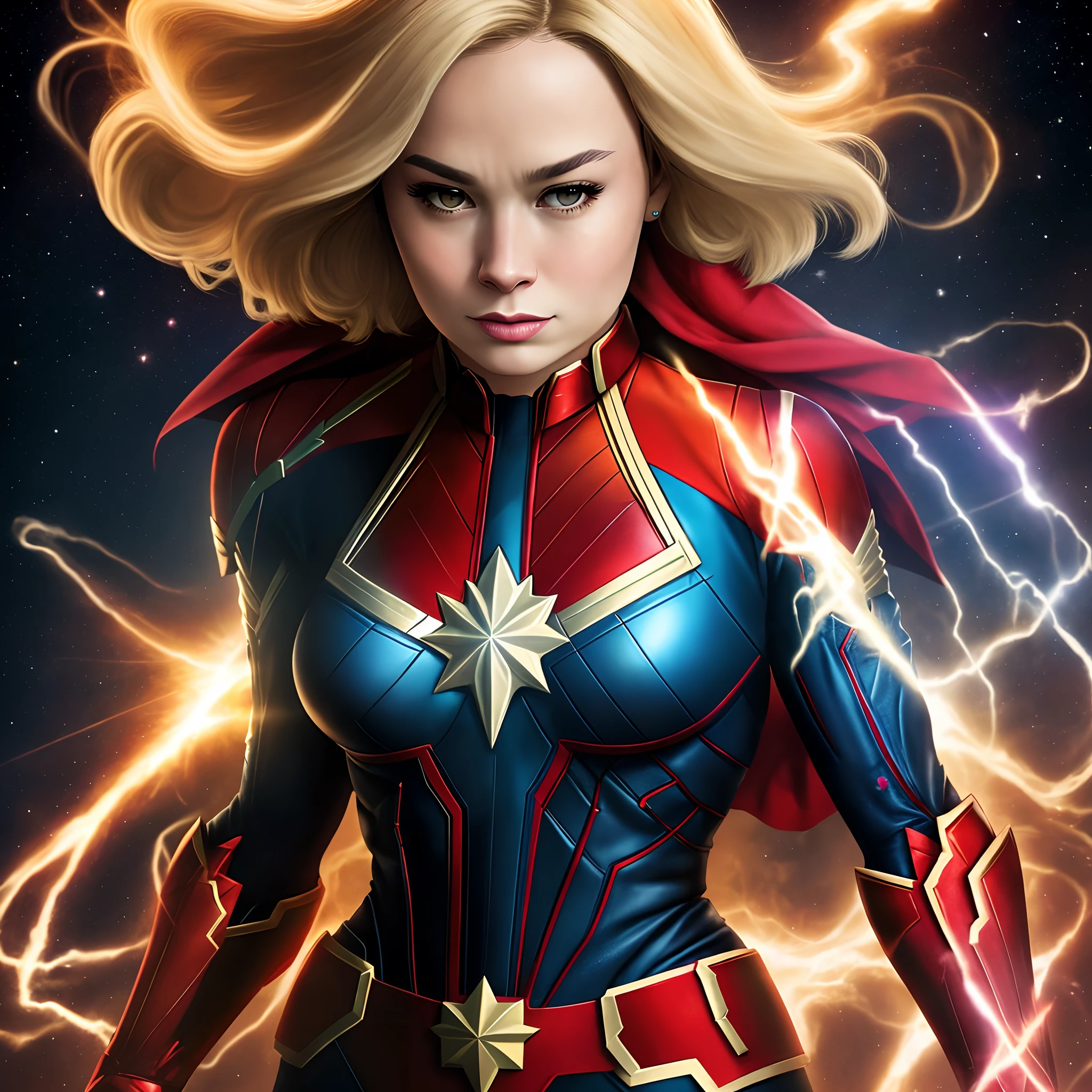 a female superhero,captain marvel,energy being held emitting from her outsrtechted hands and bodyand body using all her power to melt her and kill her enemy ,powerful and sexy pose,cinematic lighting,vivid colors,cinematic composition,beautiful detailed eyes,beautiful detailed lips,extremely detailed face and body,long eyelashes, long blonde hair ,volumetric energy effects,dramatic shadows,glowing energy aura,cinematic camera angle,hyper realistic,8k,high quality,detailed rendering,digital art,concept art style