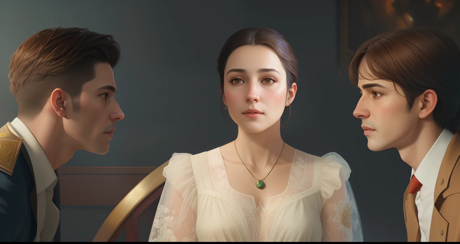 There are three people who are together in a room, foto retrato suave 8 k, Retrato VFX altamente detalhado, Cinematic realistic portrait, retrato vfx altamente detalhado de, 8k portrait render, a still of an ethereal, kramskoi 4 mil, oil painting of realistic woman, Art Nouveau hiperrealista, renderizado em corona, Alexey Egorov, rosto restaurado realista
