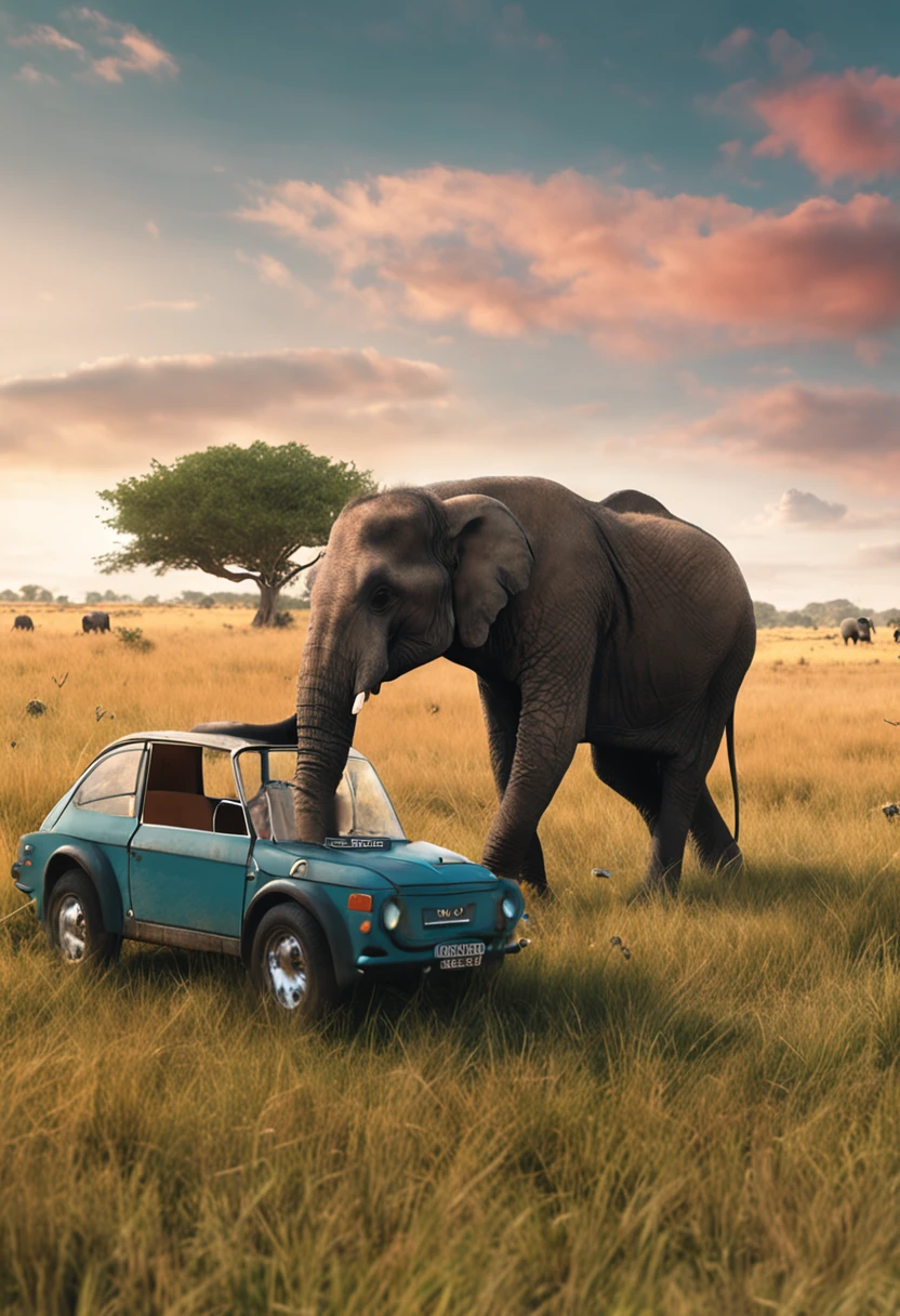 Elephants drive cars across endless grasslands