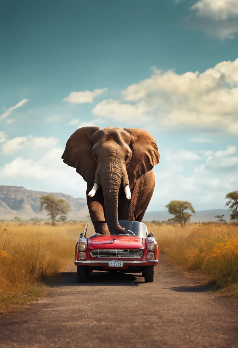 Elephants drive cars across endless grasslands