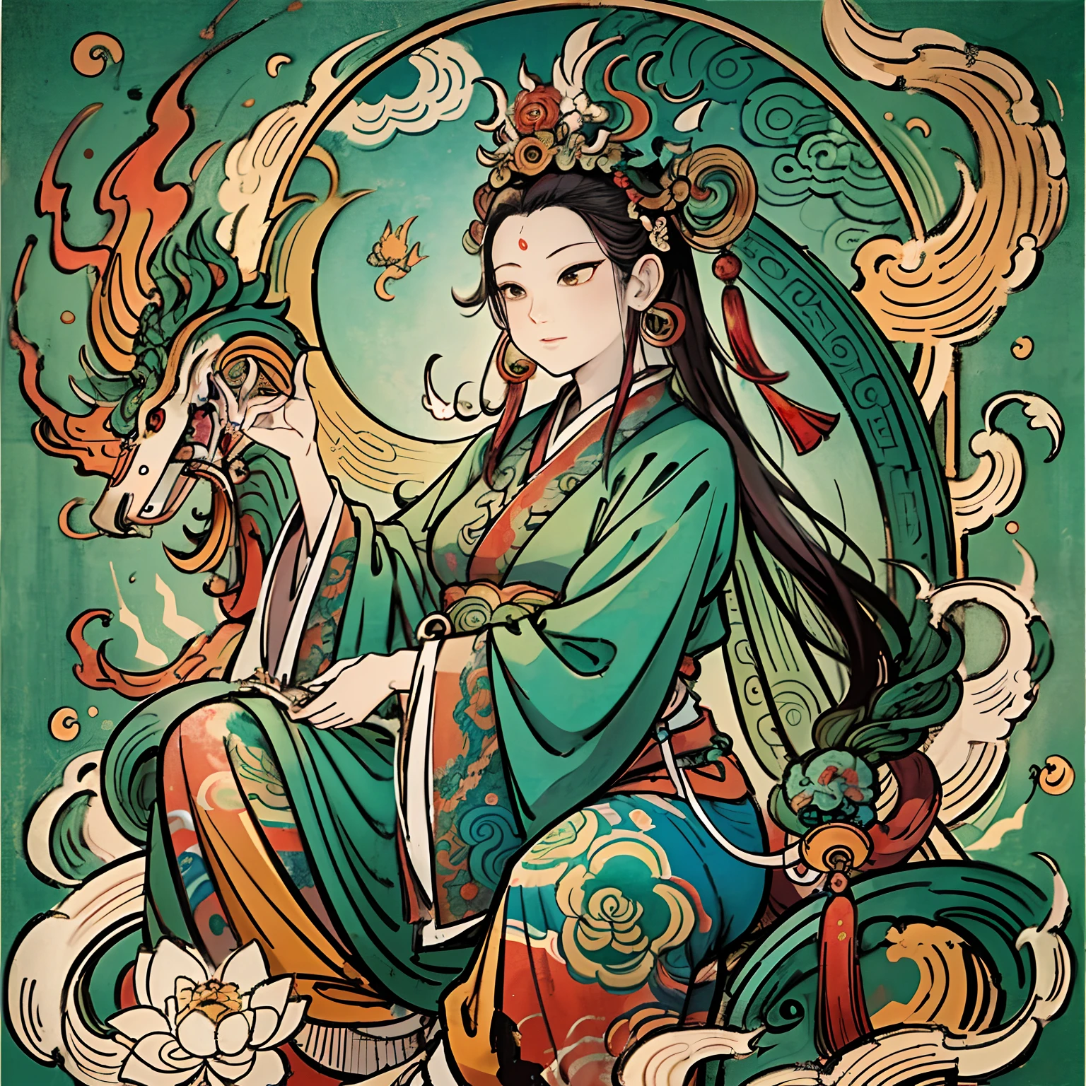 an ancient Chinese goddess, guanyin of the southern seas, Guanyin, Inspired by India, Avalokiteshvara rides a phoenix，,Serene expression,shui mo hua,Buddha,Buddhist,Lotus,Chinese painting style,Thangka style