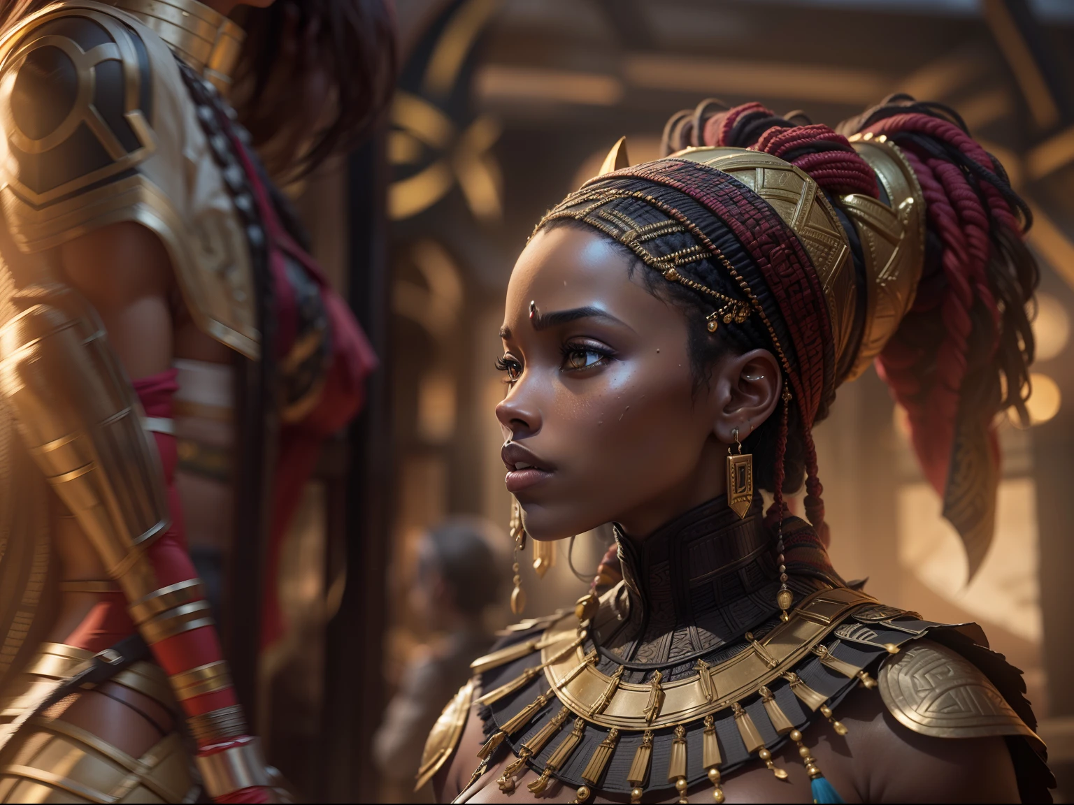 "Black Panther: A Batalha de Wakanda: The Rise of Okoye"
Em meio ao caos da batalha que assola Wakanda, The dark and stormy sky lights up periodically with lightning, revealing the character played by Lupita Nyong'o in a super realistic 3D representation. She personifies strength and loyalty as Okoye, a comandante das Dora Milaje, a guarda real de Wakanda.
Dressed in her signature costume, Lupita Nyong'o surge como Okoye, with a shaved head, transmitindo uma imagem de poder e destemor. Every detail of the costume is meticulously recreated in 3D, From the intricate details of the necklace to the sheen of the golden armor that protects your body.
With an elegant and lethal spear in hand, Lupita Nyong'o dominates the scene with her imposing presence. The light of the rays illuminates his determined expression, as she faces the invaders with incredible skill. Okoye's every move and every move is captured in stunning detail, ressaltando sua agilidade e maestria nas artes marciais.
The battle takes place amid the majestic scenery of Wakanda. A paisagem exuberante, rica em detalhes e texturas, ganha vida em 3D, transporting the audience into the hidden realm. Realistic visual effects and 3D technology create an immersive experience, where every confrontation and explosion can be felt as if it were happening before the viewer's eyes.
"Black Panther: A Batalha de Wakanda: The Rise of Okoye" It's an ode to the courage and determination of an iconic character in the film. Lupita Nyong'o entrega uma performance arrebatadora, highlighting Okoye's power and leadership amid the storm of battle.
Get ready for an unforgettable 3D cinematic experience, where Lupita Nyong'o brings Okoye to life with an incredible interpretation. Junte-se a ela na defesa de Wakanda, testemunhando a grandiosidade do reino e a bravura de seus guerreiros em todo o seu esplendor tridimensional.