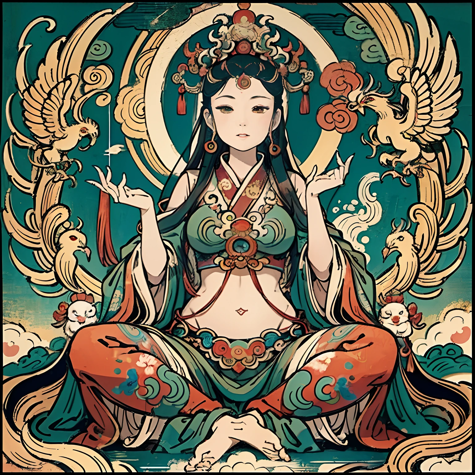 an ancient Chinese goddess, guanyin of the southern seas, Guanyin, Inspired by India, Avalokiteshvara rides a phoenix，,Serene expression,shui mo hua,Buddha,Buddhist,Lotus,Chinese painting style,Thangka style