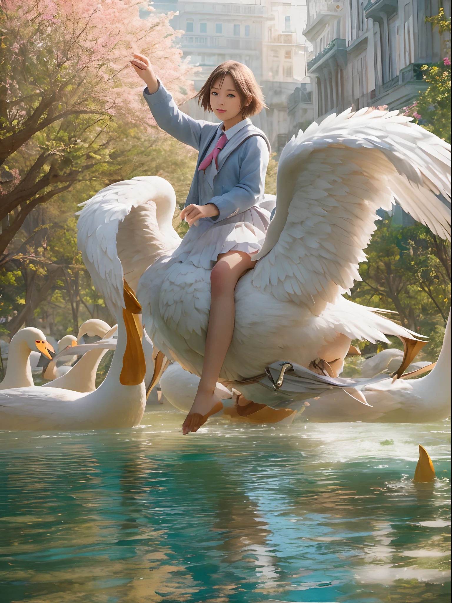 (Best Quality, Masterpiece: 1.1), (Realistic: 1.4), Beautiful  schoolgirl is riding on the pink swan, god ray, teen, silver short hair, blue eyes, full body, from below, hourglass body shape, running on the park,