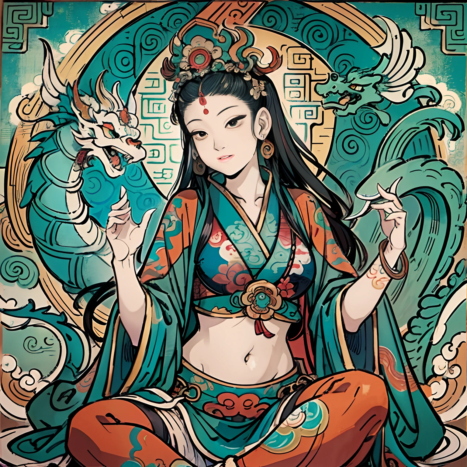 an ancient Chinese goddess, guanyin of the southern seas, Guanyin, Inspired by India, Avalokiteshvara rides a dragon,,Serene expression,shui mo hua,Buddha,Buddhist,Lotus,Chinese painting style,Thangka style