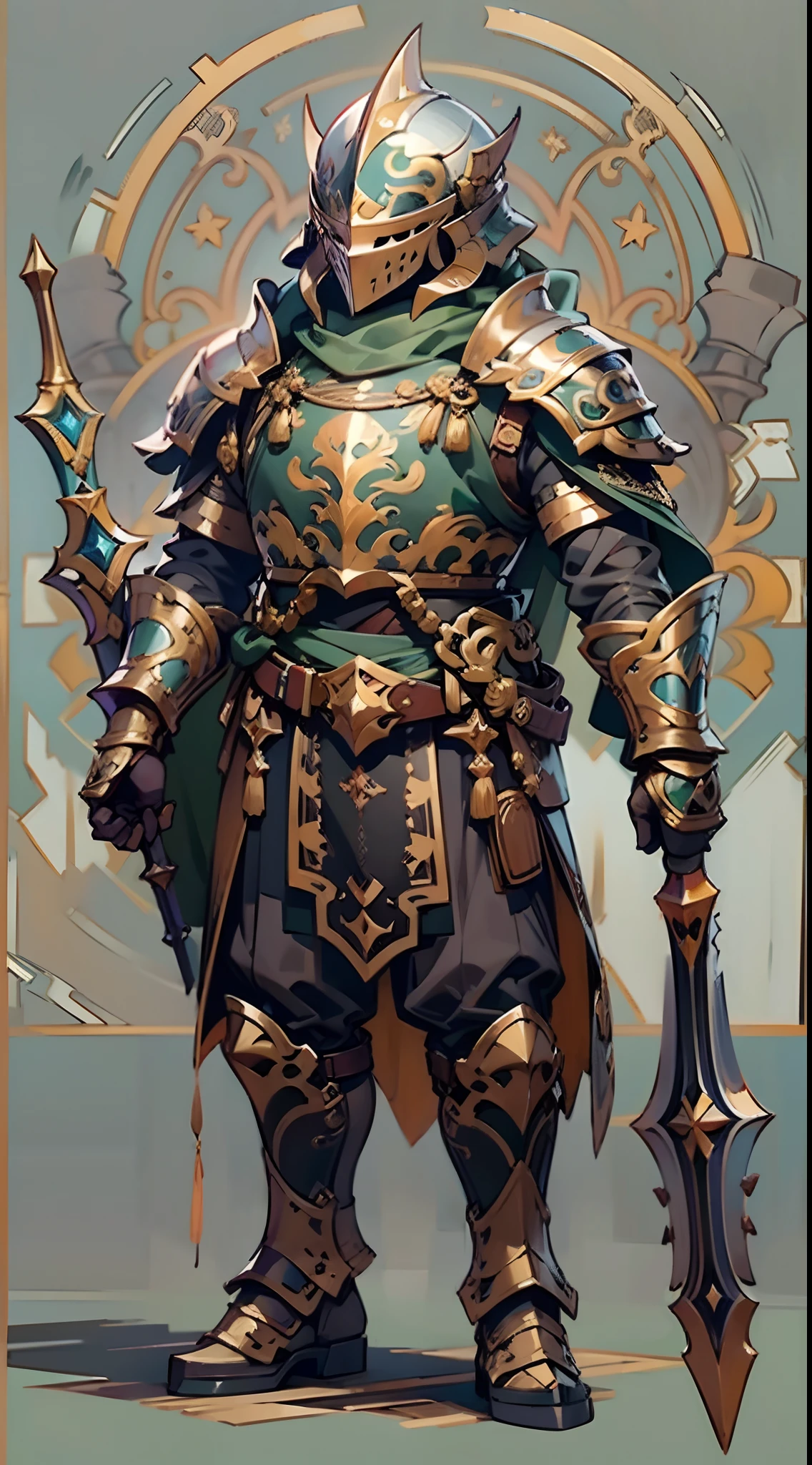 Game character design，holy paladin，Quaint and heavy armor wraps the entire body，shelmet，Holding a stout and ornate scepter，heavy boots，（full bodyesbian：1.4），on  back，solid color backdrop，clean backdrop，depth of fields，high light，Real light，Ray traching，oc rendered，Hyper-realistic，best qualtiy，8K，Works of masters，super-fine，Detailed pubic hair，Correct anatomy，Bokeh，Facial features are carefully depicted