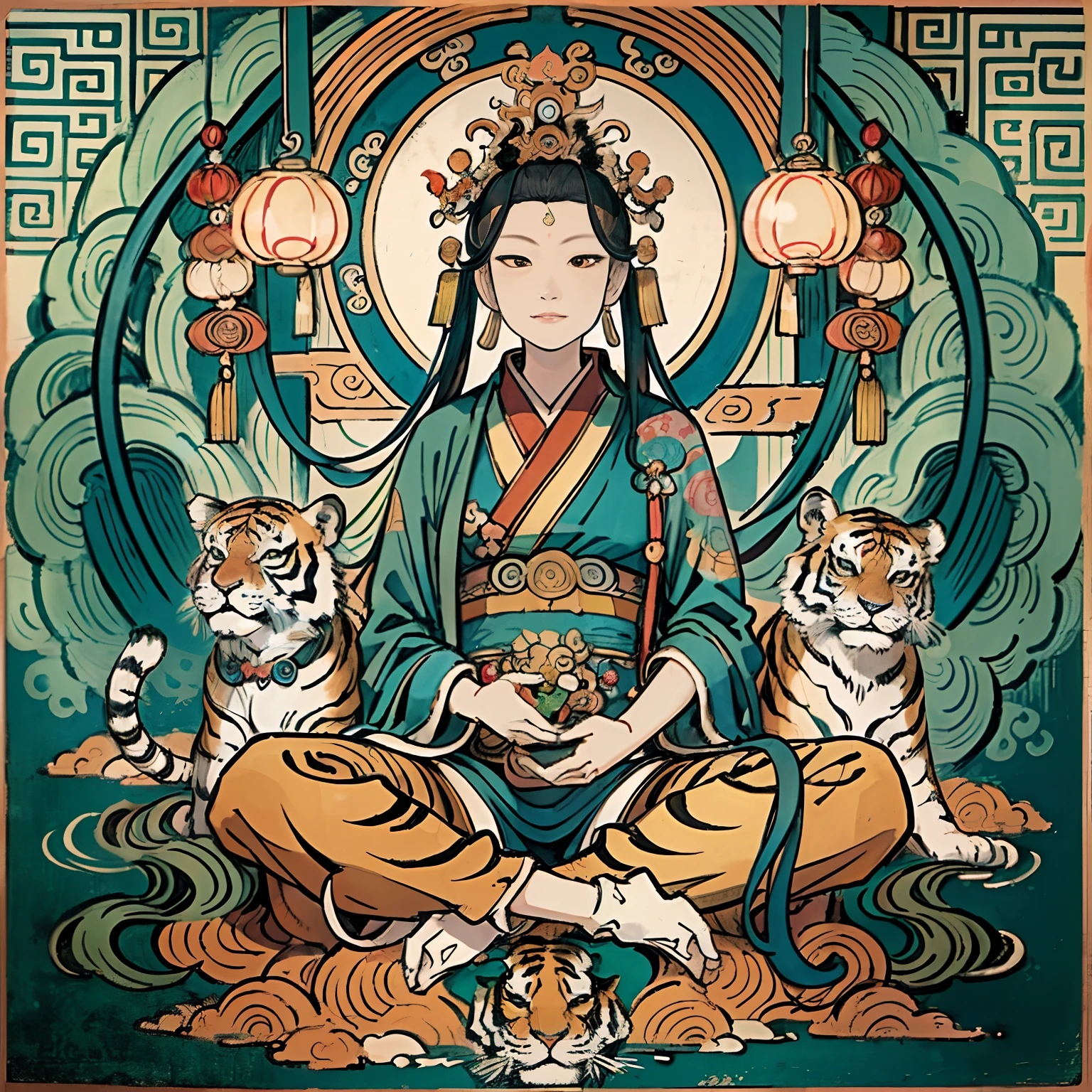 an ancient Chinese goddess, guanyin of the southern seas, Guanyin, Inspired by India, Avalokiteshvara rides a tiger，,Serene expression,shui mo hua,Buddha,Buddhist,Lotus,Chinese painting style,Thangka style