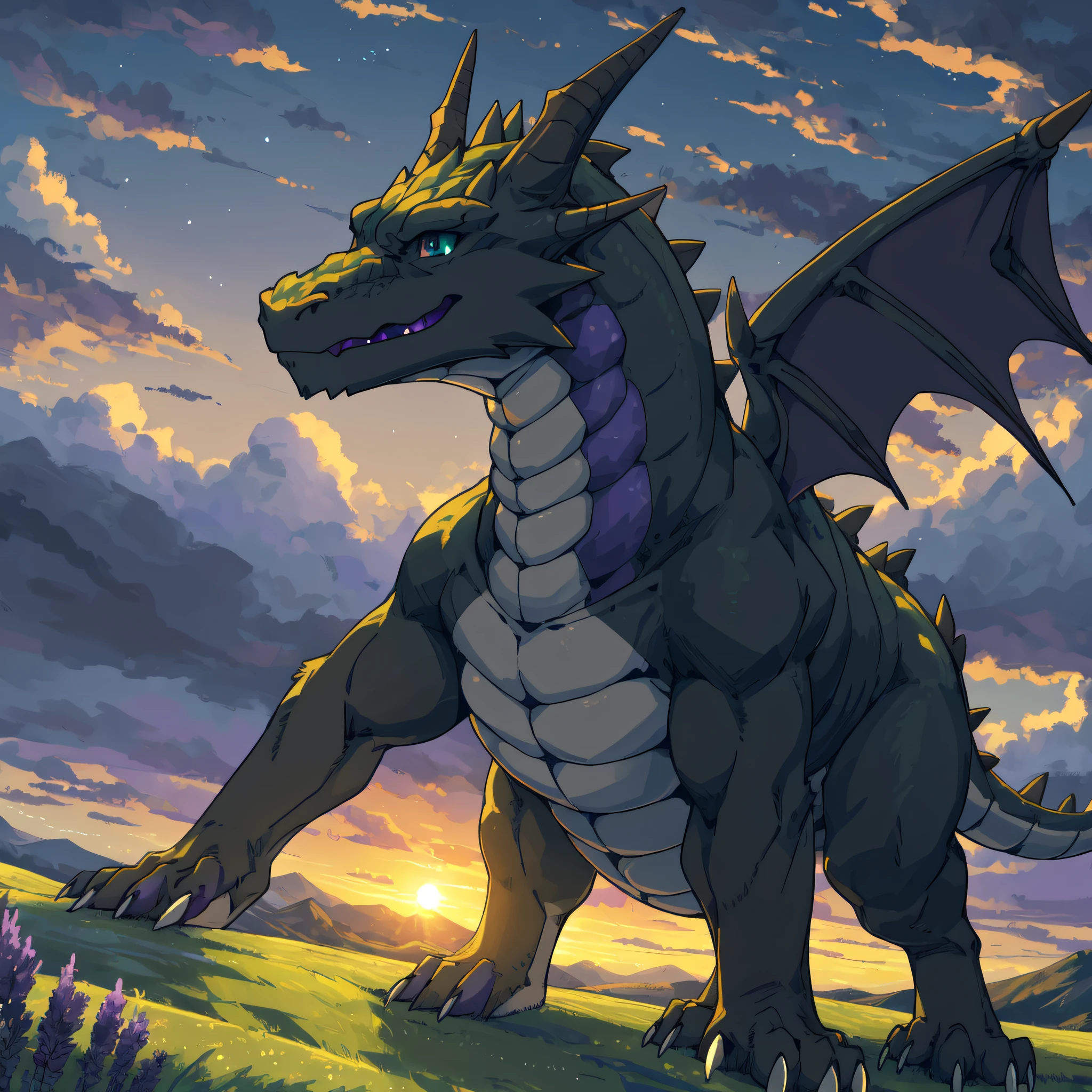 dynamic angle, top quality, best quality, High-quality illustrations, masterpiece, super high resolution, detailed background, detailed background, meadows, green hills, sunset, blue dark night sky, dark clouds, mont, field, Happy, joyful, absurdres(highly detailed beautiful face and eyes)perfect anatomy(kemono, furry dragon black and purple),