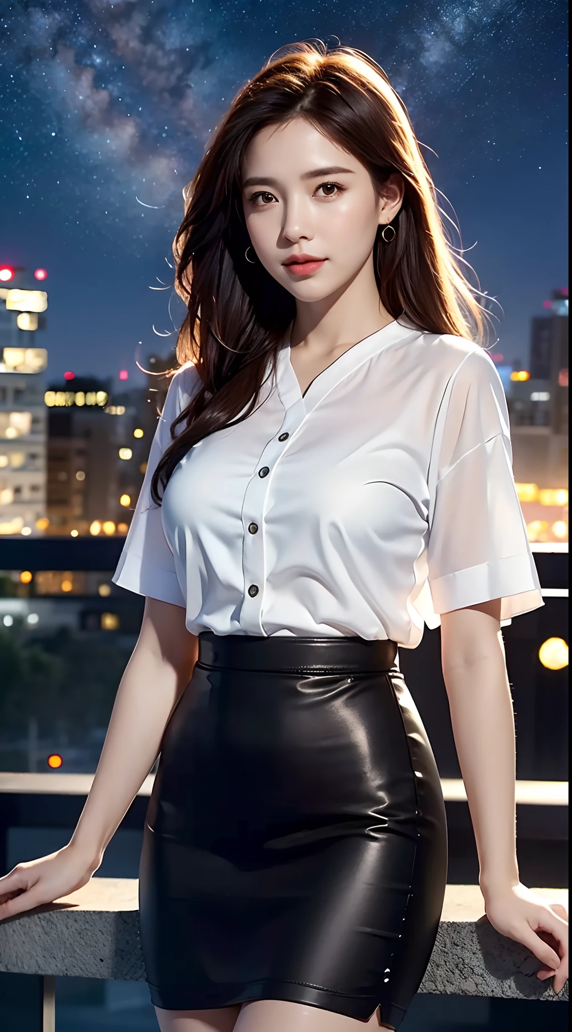 1girl, (looking at viewer),  (bokeh:1.1), closed mouth,light smile, realistic, meditation,starry sky,night, shirt,
pencil skirt, skyline,
best quality, (photorealistic:1.4), ultra highres, Chingmy YauV2