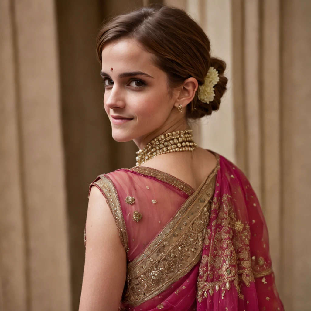 "Emma Watson, in her 30's, donning an exquisite Indian saree, showcasing intricate details from head to toe. She radiates a charming smile with a hint of shyness, accentuating every facet of her beauty, adorned with elegant jewelry."