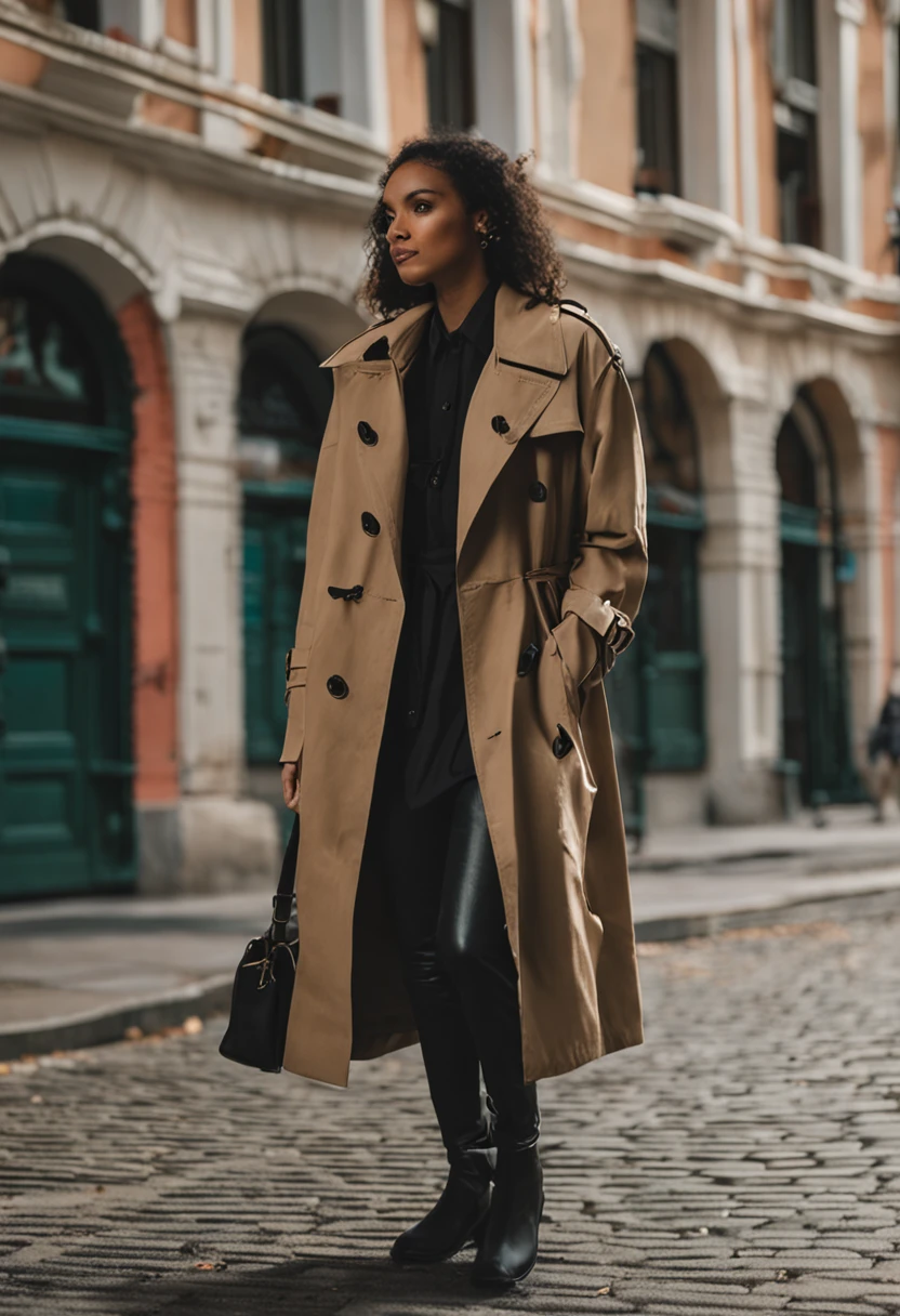 woman walking down the street with a black bag on her back, he is wearing a trenchcoat, woman is in a trenchcoat, wandering in the city, he is wearing a black trenchcoat, wearing a long beige trench coat, ( ( wearing a long coat ) ), with a backpack, long coat, wearing trenchcoat, in the city