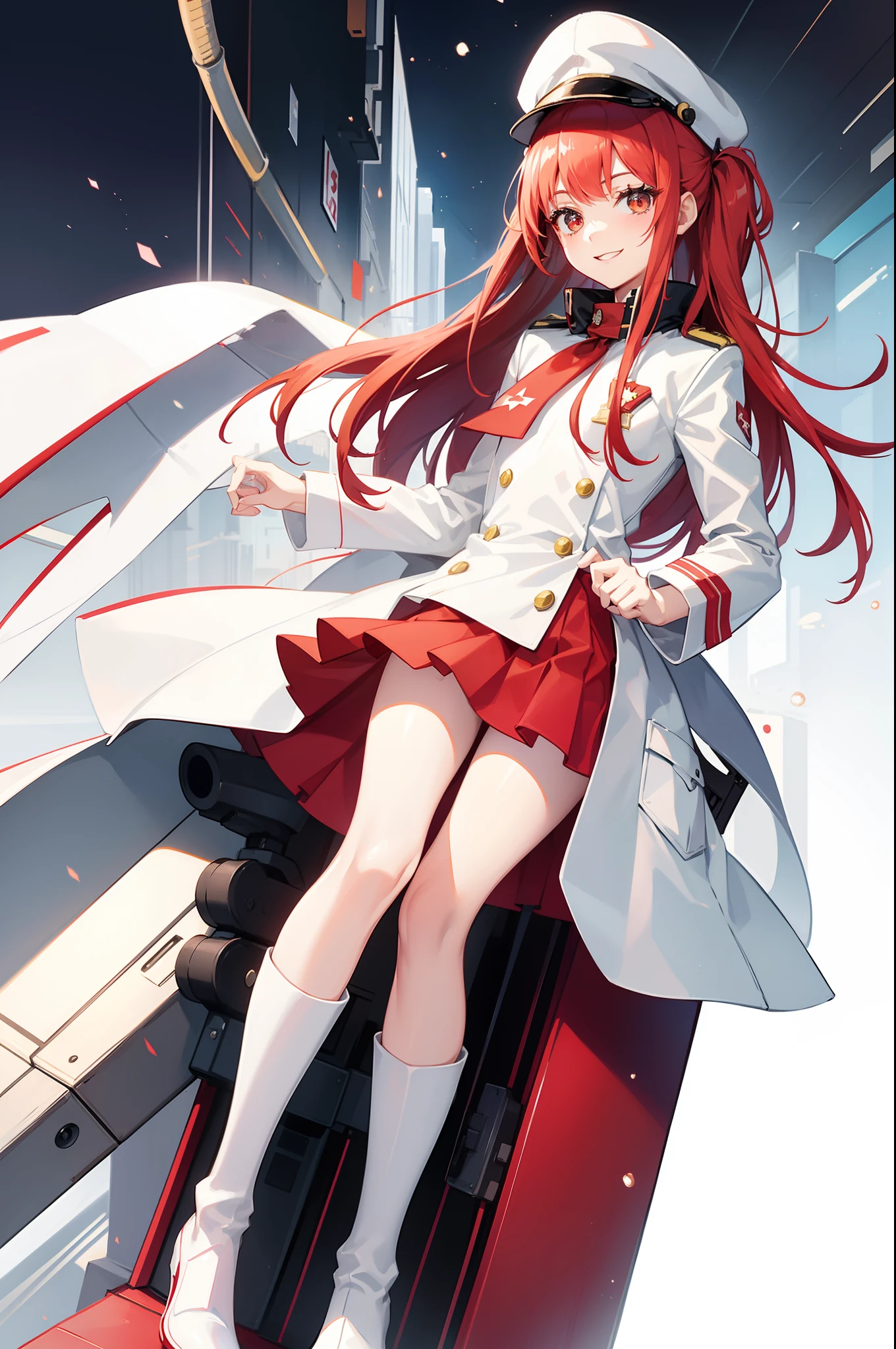 zero two, white military cap with a matching overcoat and boots, smiling face, office background, random pose, best quality, mechanic element increase, bubble effect, masterpieces, light make up, a pair of small red horn, perfect body shape, red hair