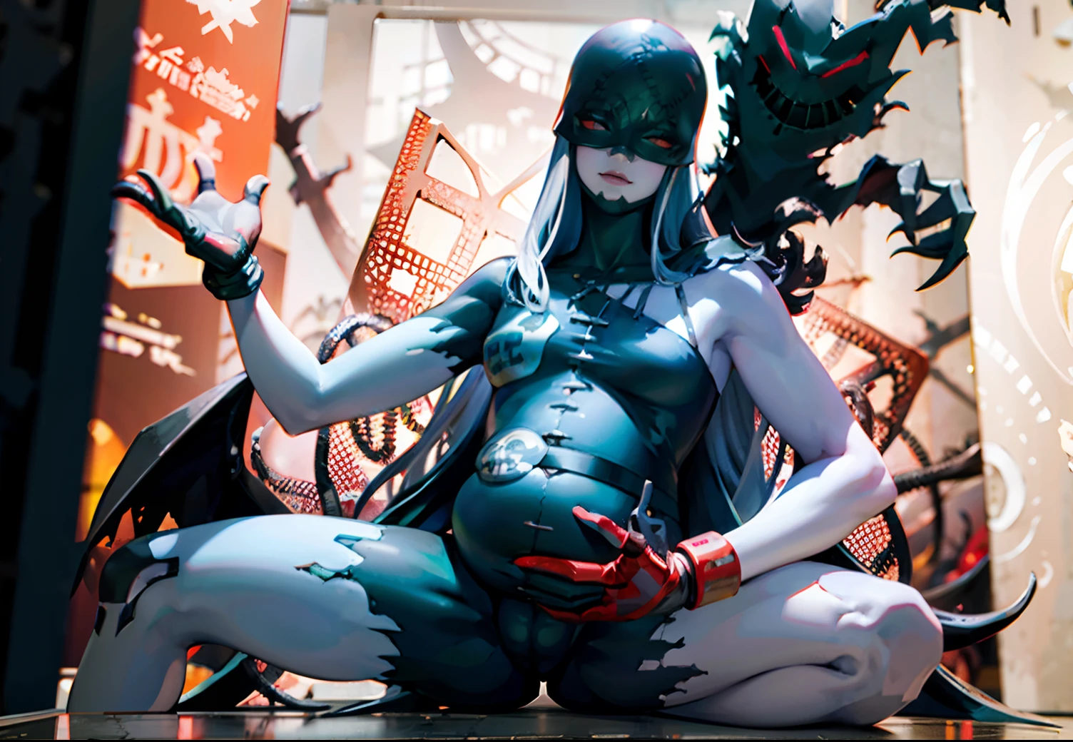 Female Devil King, Purple skin, Solo, 1girll, Best quality, Masterpiece,, figma, [Realistic], [。.。.。.。.。.。.。.。.。.。.3D], (。.。.。.。.。.。.。.。.。.3DCG), ((rendering by octane)),Pregnant women with，Casual pose，scantily clad，squatt，Spread your legs apart，potbelly，tentaculata