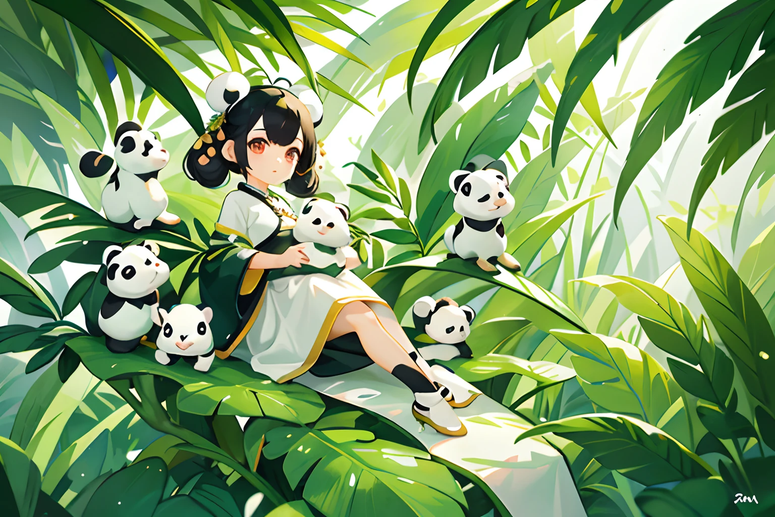 white backgrounid，Under bamboo leaves, The panda sits on a branch，（bit girl：1.5），green and white clothes，big beatiful eyes，detailed face with，Flashy clothes，Ethereal panda，Chinese Panda，Dreamy，Onmyoji detailed art，A beautiful artwork illustration，mythological creatures，pandas，Beautiful digital artwork