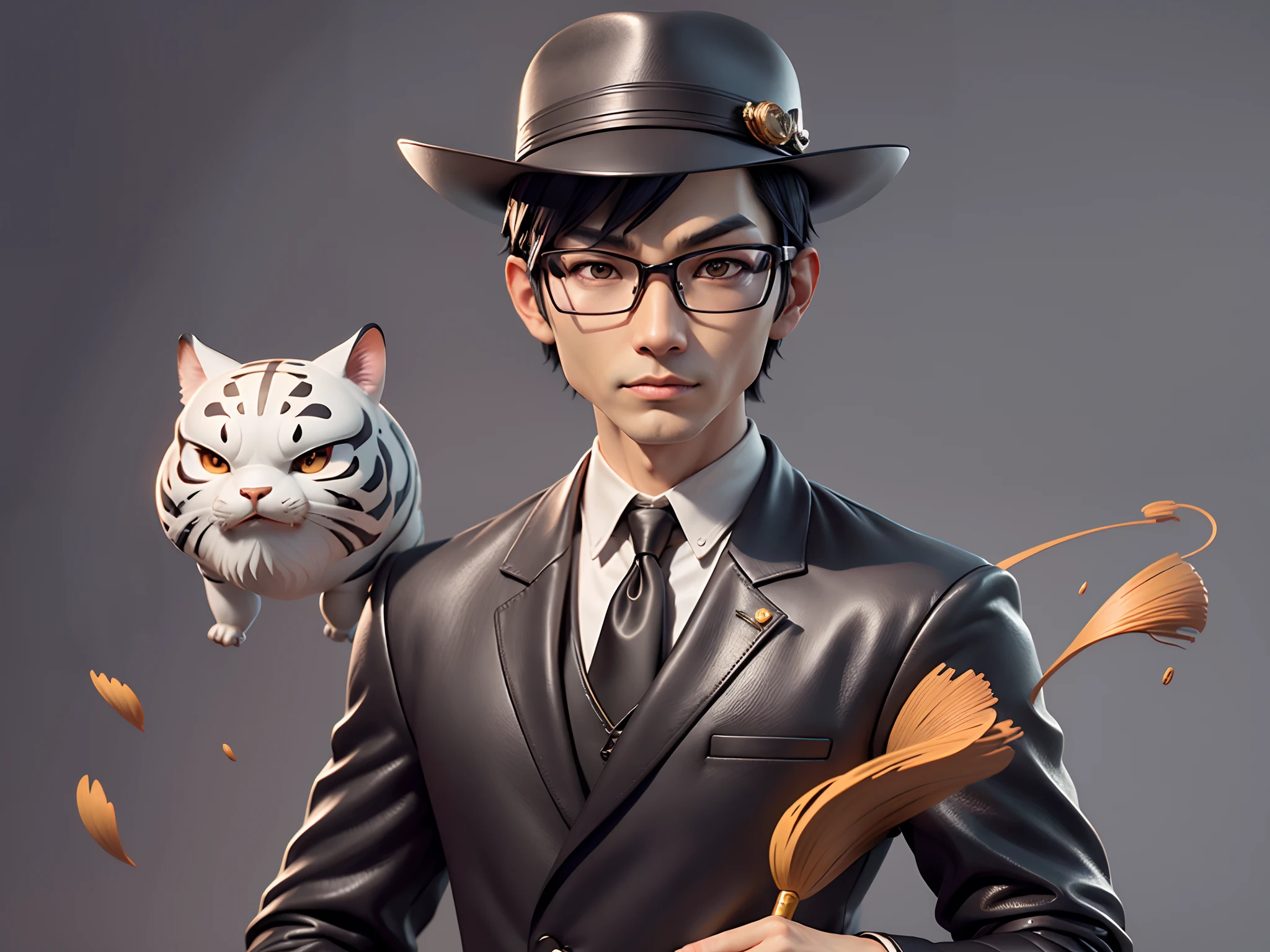 Young man with oriental face in leather hat, tiger, oriental face in formal suit, short black hair, silver glasses, digital painting, 3D character design by Mark Clairedon and Pixar and Hayao Miyazaki and Akira Toriyama, the illustration is a high-definition illustration in 4K resolution with very detailed facial features and cartoon-style visuals.