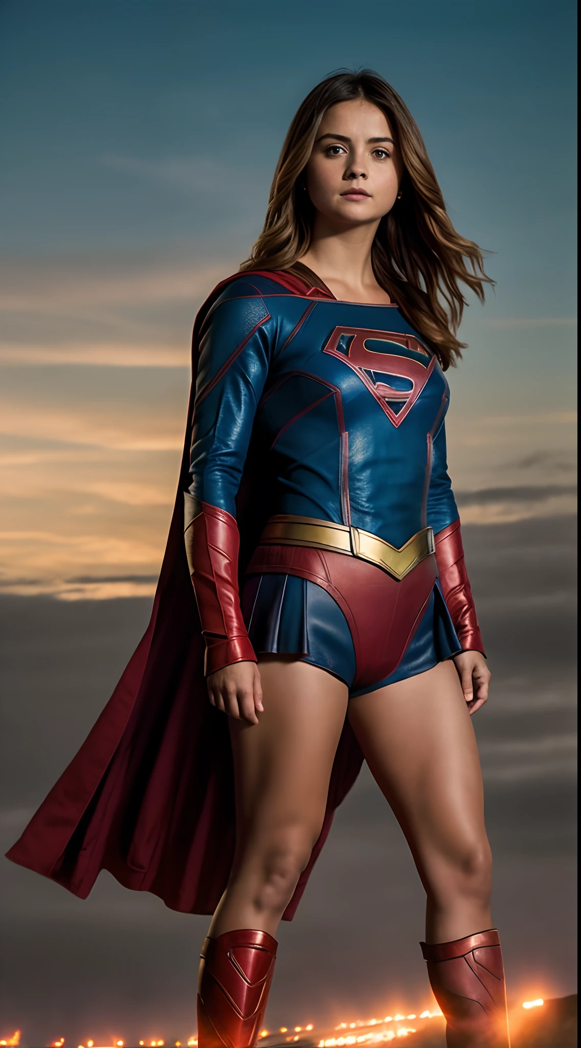 Photo RAW, Jenna Coleman as muscular Supergirl,muscular body,supergirl outfit, (highly detailed skin: 1.2), 8k UHD, DSLR, soft lighting, high quality, film grain, Fujifilm XT3

