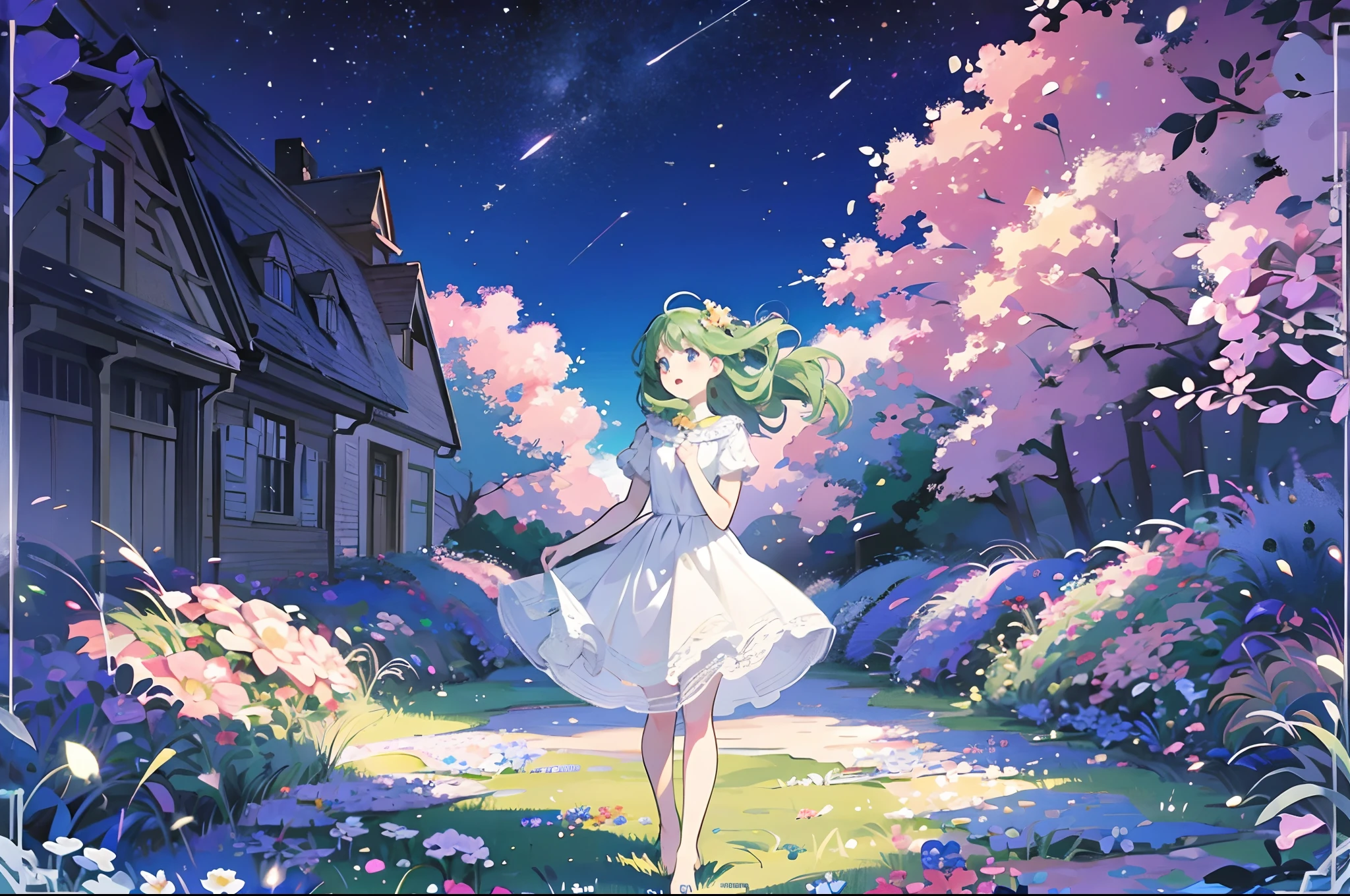 (masutepiece), The highest image quality, Highly detailed two-dimensional anime wallpapers, very high res, excellent illustration, Height 160cm、Girl with green hair and bangs floating in the air,Nekomimi, Clear blue eyes staring at the sky, She is wearing a flowing white dress, Standing barefoot sideways in a sea of flowers (The garden is full of colorful flowers), Under the night sky, starrysky, The color is blue, The composition of Shooting Girls、Standing in the center of the photo on the right, And the girl is facing to the left of the photo, The lawn is high on the right side、Left side low, And the style is two-dimensional anime style, a picture.