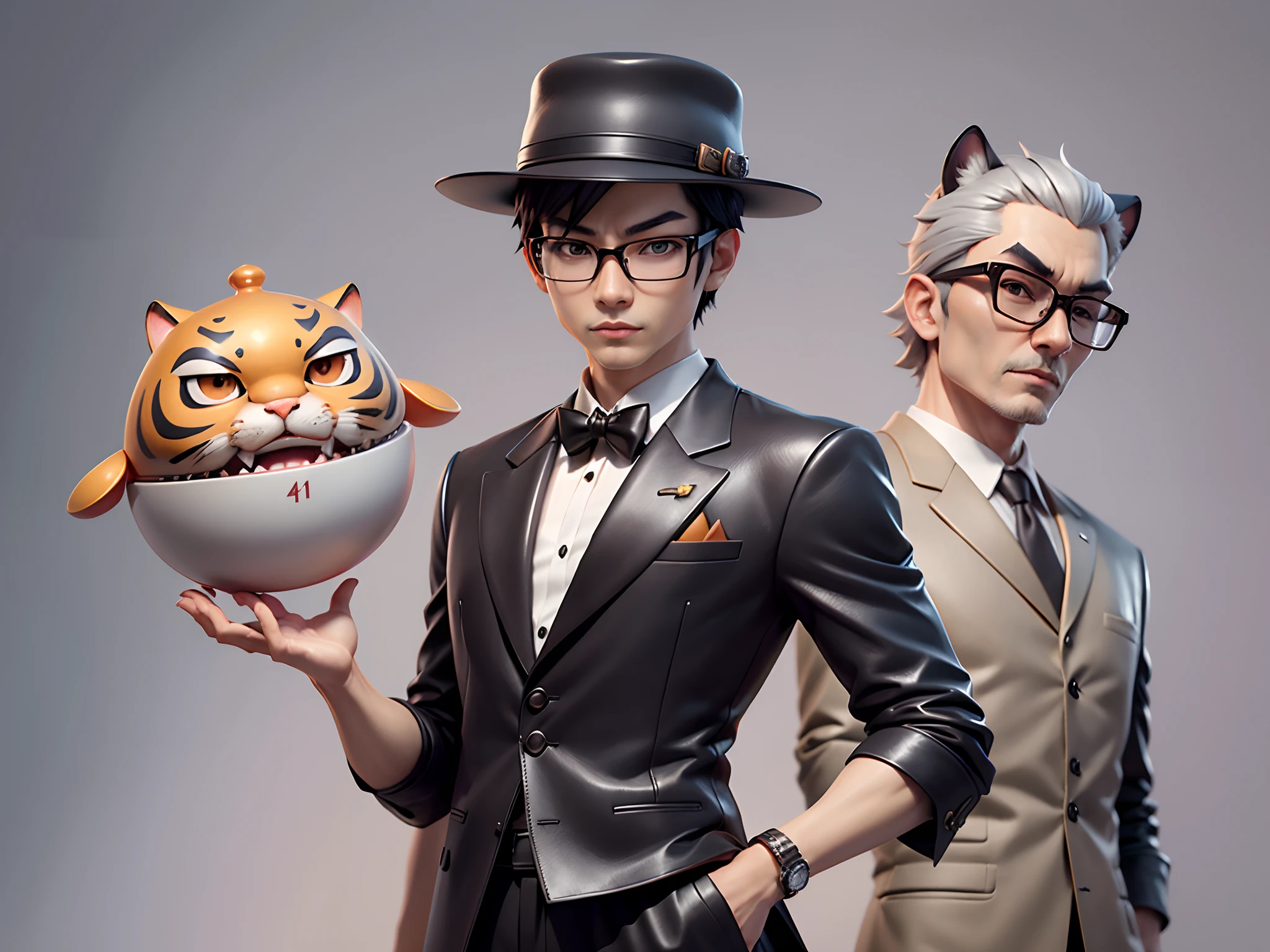 Young man with oriental face in leather hat, tiger, oriental face in formal suit, short black hair, silver glasses, digital painting, 3D character design by Mark Clairedon and Pixar and Hayao Miyazaki and Akira Toriyama, the illustration is a high-definition illustration in 4K resolution with very detailed facial features and cartoon-style visuals.