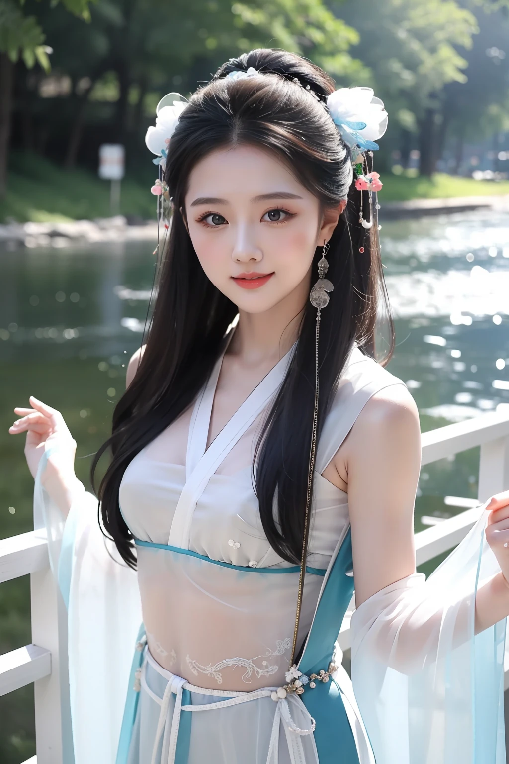 1girll，light  smile，Dancing by the lake，white colors|Blue Transparent tulle hanfu，Hanfu beauty，Glossy glossy skin，Ray traching，
best qualtiy，tmasterpiece，（Photorealsitic：1.4）