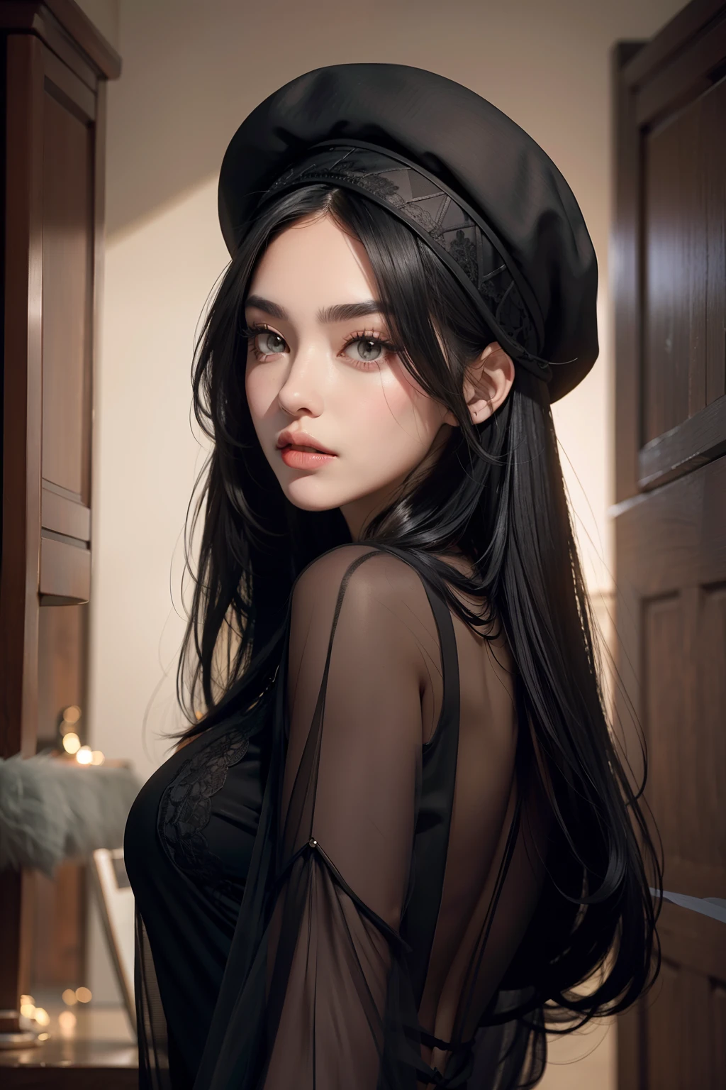 Beautiful woman with long black hair,The eyebrows are cold,Proud top-down view,Hair fluttering,The back is dark,With a lace hat,