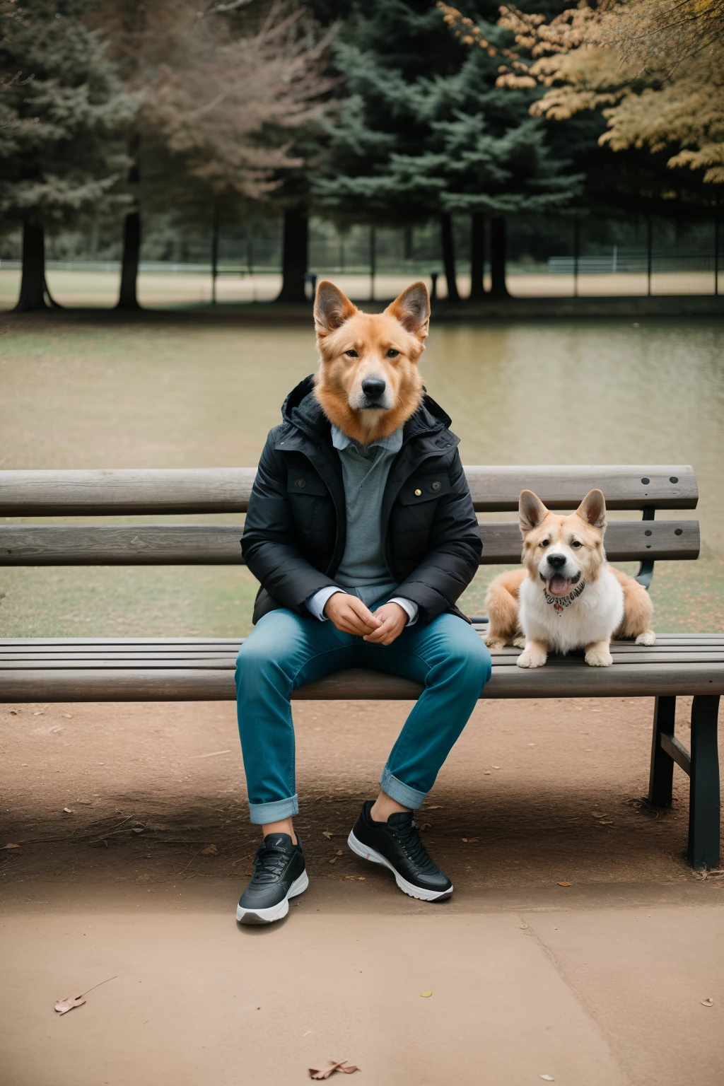 RAW photo, Animal, portrait photo of [Man:Doggy:2] Humanoid creatures in clothes, face, sitting on the bench at the outdoor park, 8K  UHD, Digital SLR, Soft lighting, High quality, filmgrain, Fujifilm XT3