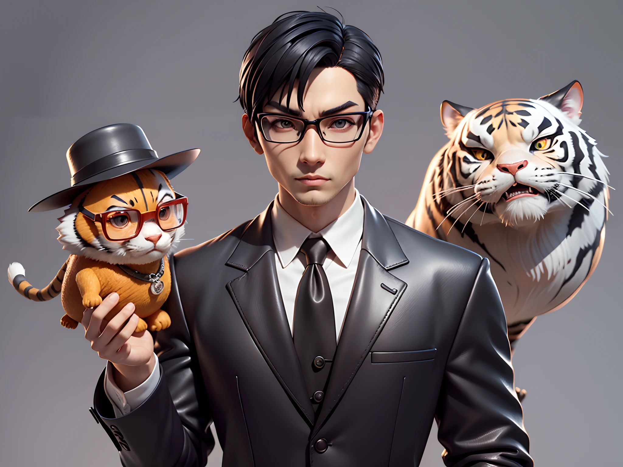 Young man with oriental face in leather hat, tiger, oriental face in formal suit, short black hair, silver glasses, digital painting, 3D character design by Mark Clairedon and Pixar and Hayao Miyazaki and Akira Toriyama, the illustration is a high-definition illustration in 4K resolution with very detailed facial features and cartoon-style visuals.