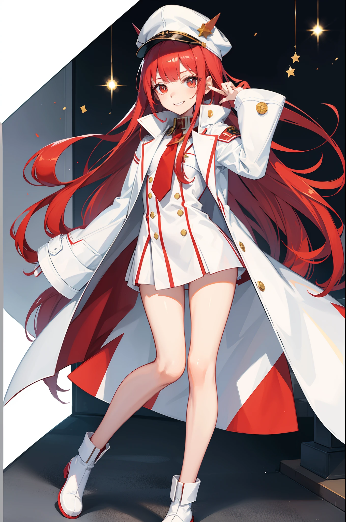 zero two, white military cap with a matching overcoat and boots, smiling face, office background, random pose, best quality, military element increase, bubble effect, masterpieces, light make up, a pair of small red horn, perfect body shape, red hair, sharp red pupil