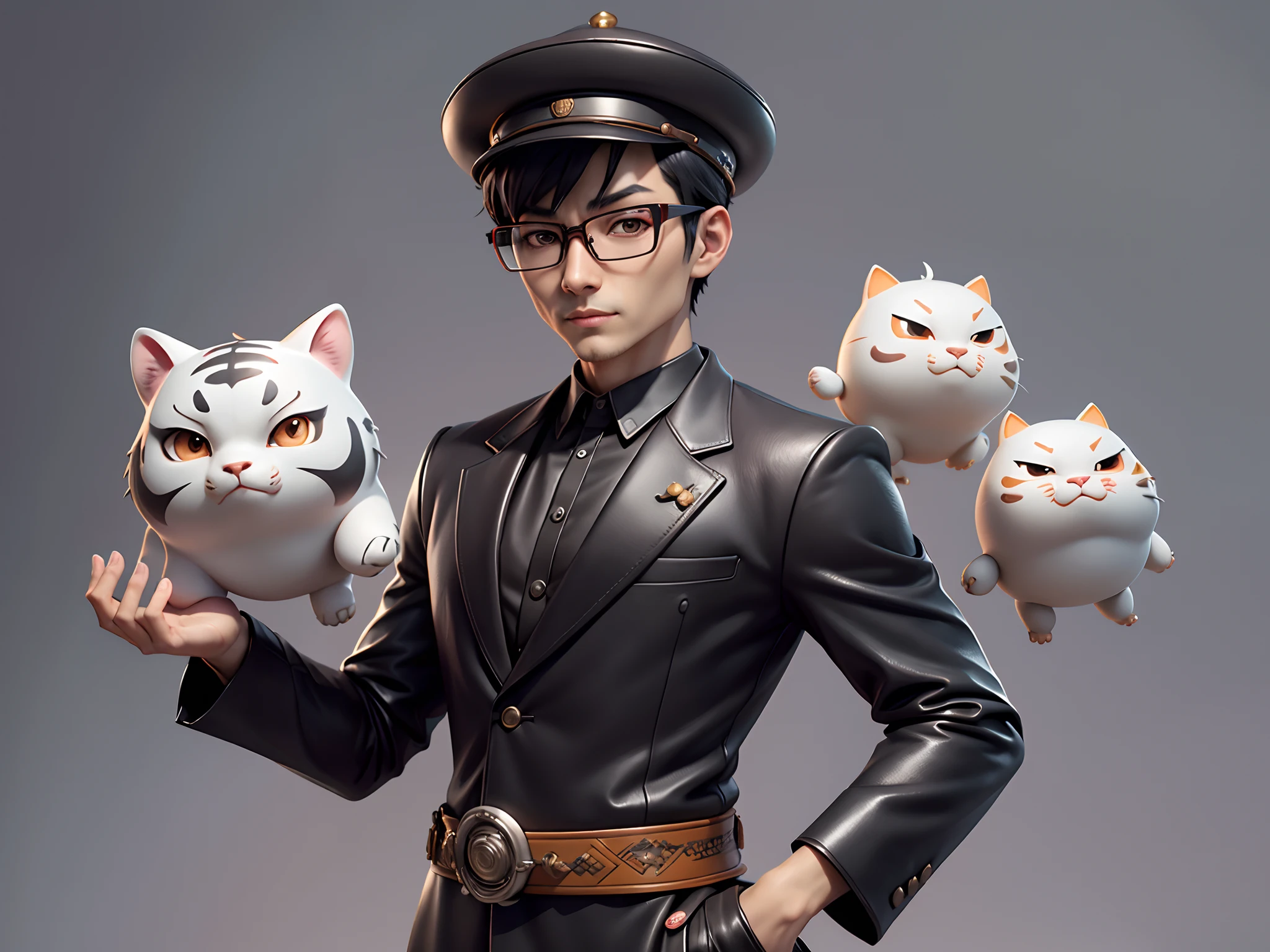 Young man with oriental face in leather hat, tiger, oriental face in formal suit, short black hair, silver glasses, digital painting, 3D character design by Mark Clairedon and Pixar and Hayao Miyazaki and Akira Toriyama, the illustration is a high-definition illustration in 4K resolution with very detailed facial features and cartoon-style visuals.