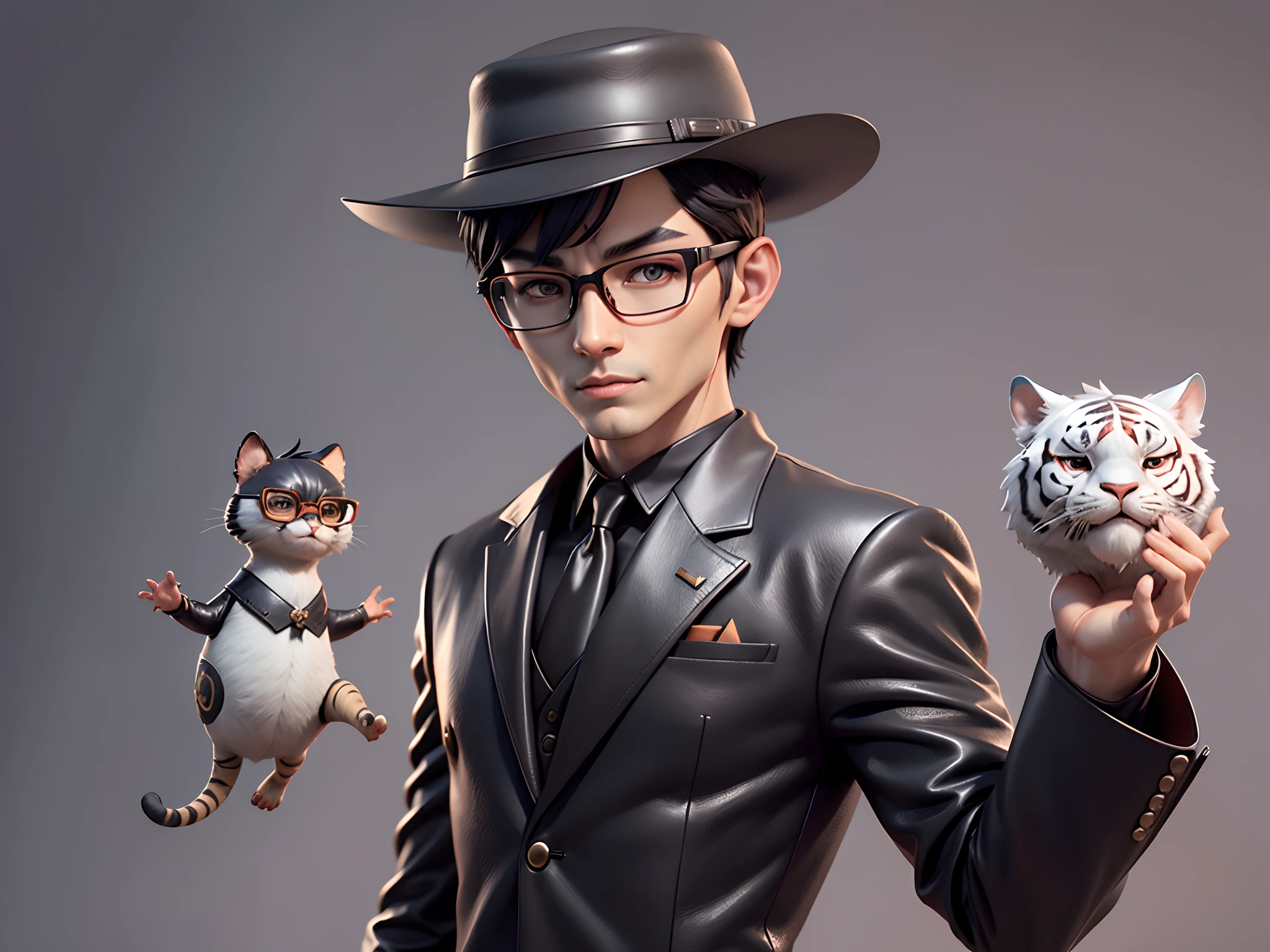 Young man with oriental face in leather hat, dragon, formal suit, short black hair, silver glasses, digital painting, 3D character design by Mark Clairedon and Pixar and Hayao Miyazaki and Akira Toriyama, the illustration is a high-definition illustration in 4K resolution with very detailed facial features and cartoon-style visuals.