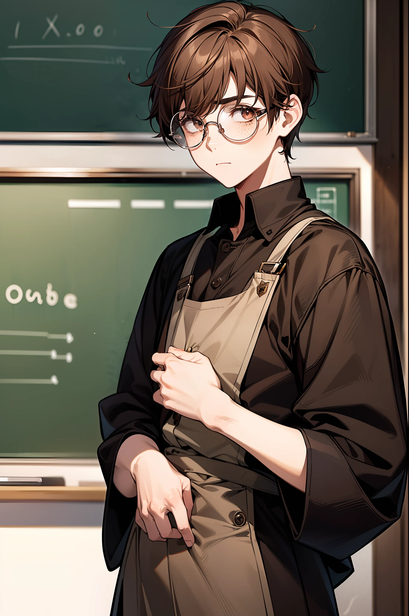 solo, ((anime boy with short brown hair)), ((bangs)), ((in traditional black buttoned school uniform)), ((round brown glasses)), ((shy)), ((brown eyes)), (freckles), (nervous expression), ((classroom in background)), ((high quality)), (extremely detailed)