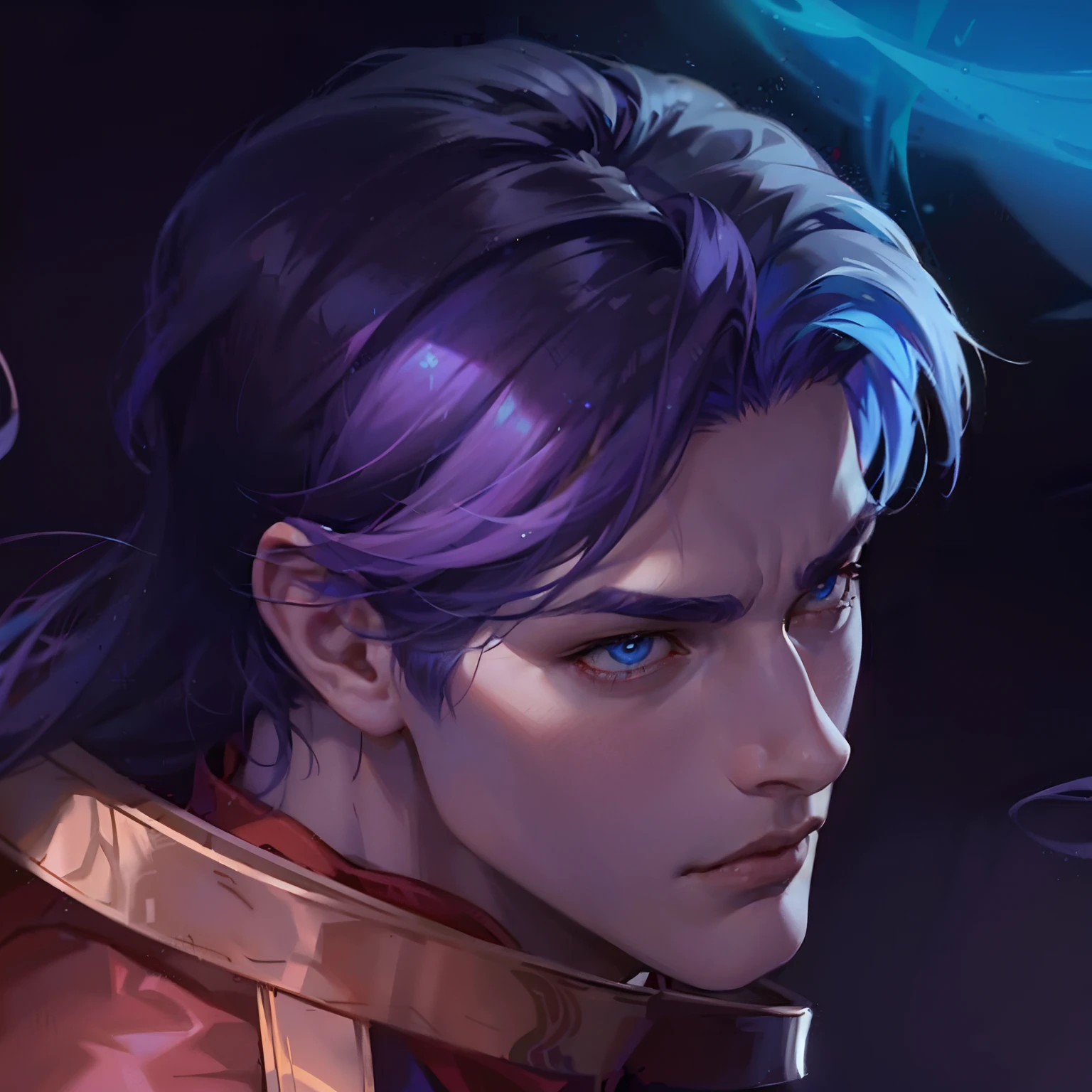 a close up of a person with a purple hair and a blue eyes, sylas, arcane jayce, heise jinyao, league of legends character, amazing portrait of viego, style of kieran yanner, xqc, extremely detailed artgerm, league of legends character art, xianxia hero, sakimichan frank franzzeta, side view, looking at the viewers